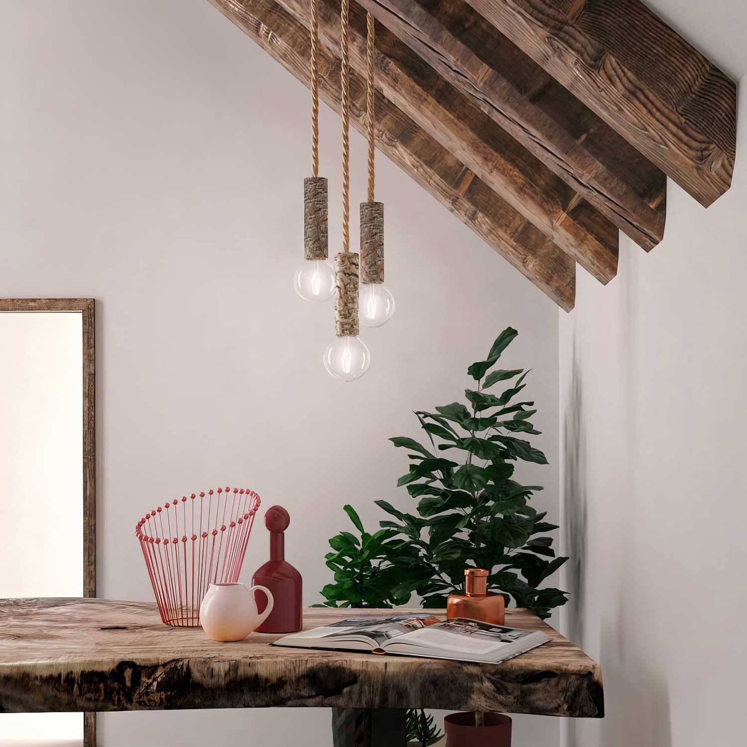 Pendant lamp complete with XL nautical cord and Large Bark lamp holder - Bark - Image 3