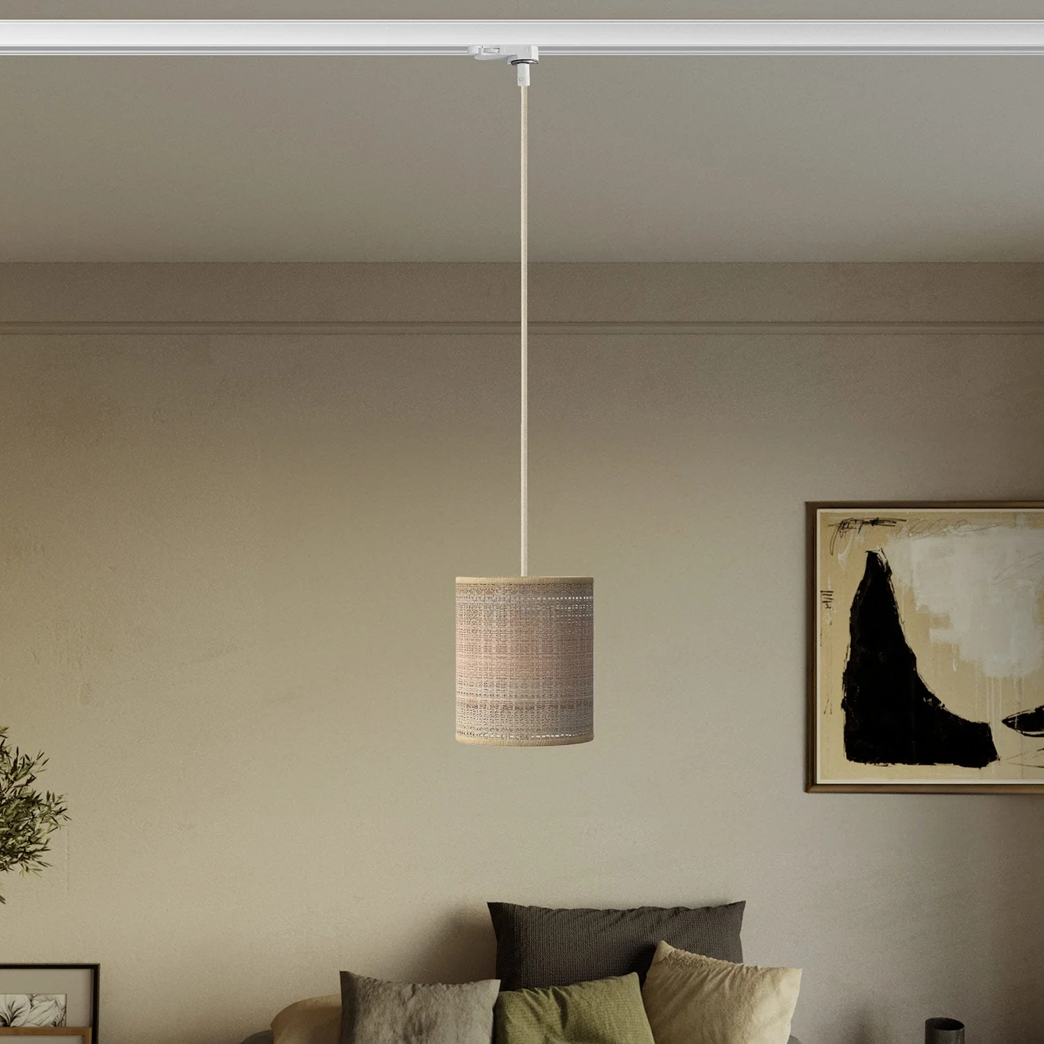 Pendant lamp for track with fabric cable and Cylinder lampshade - Natural raffia - Image 2