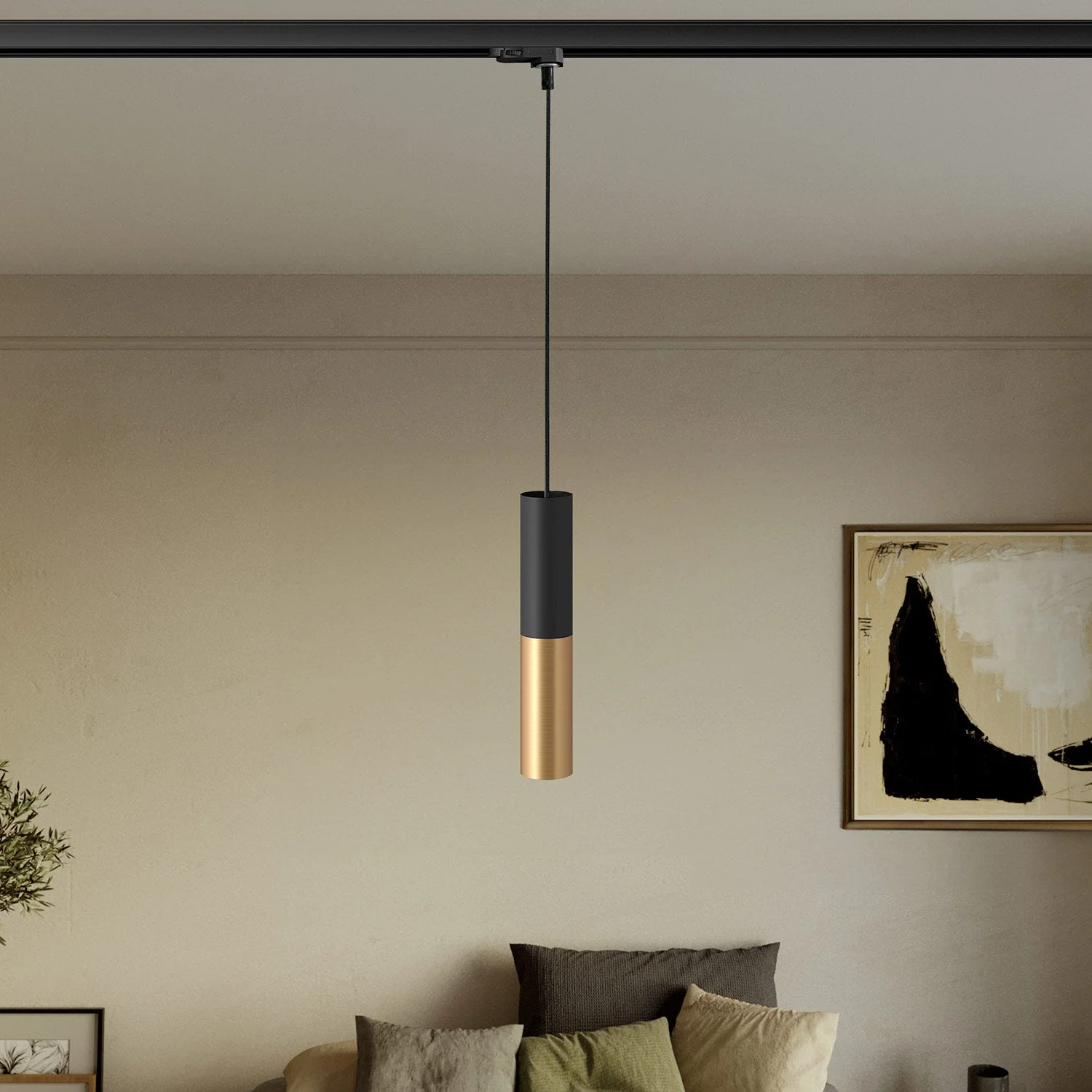 Pendant lamp for tracks with double Tub-E14 lampshade - Black and Satin Bronze - Image 2