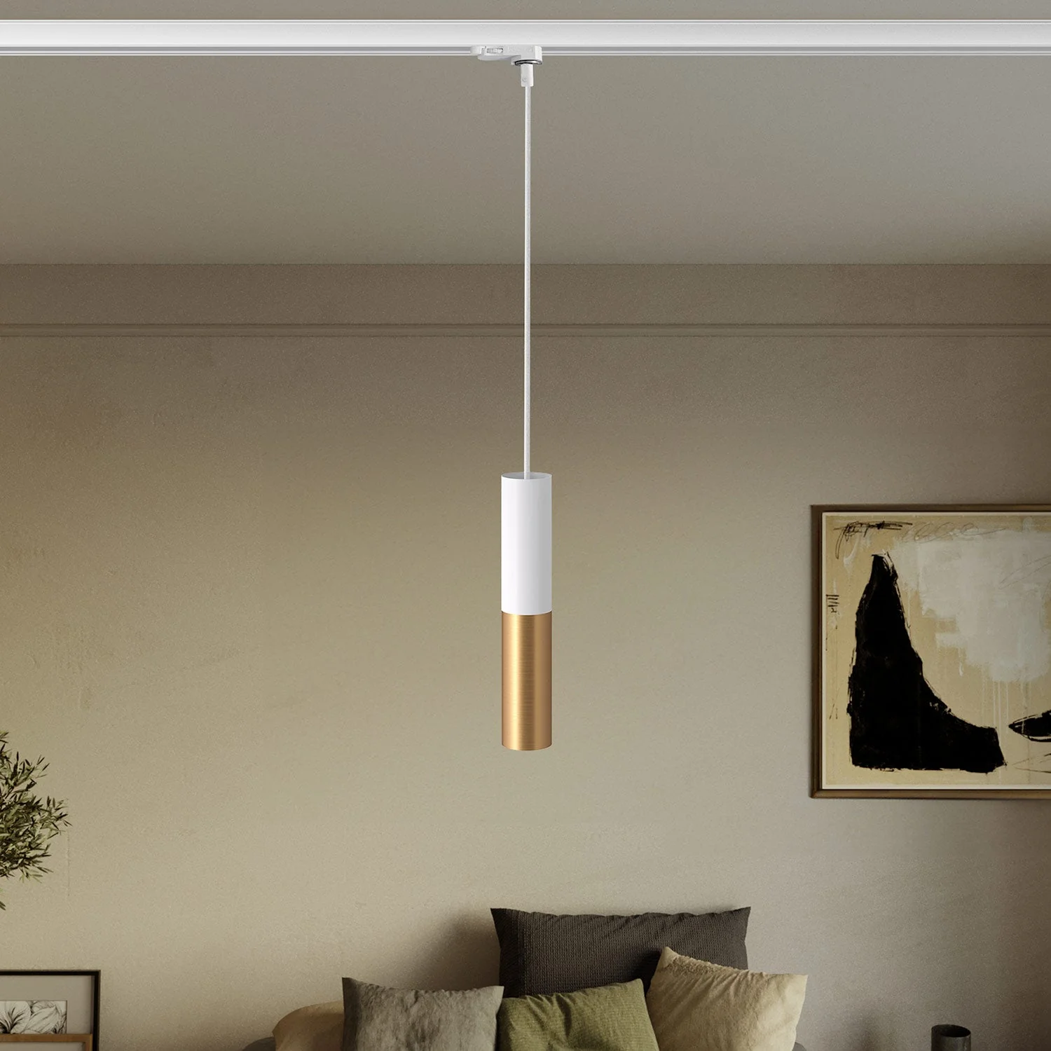 Track pendant lamp with double lampshade Tub-E14 - White and satin bronze - Image 2