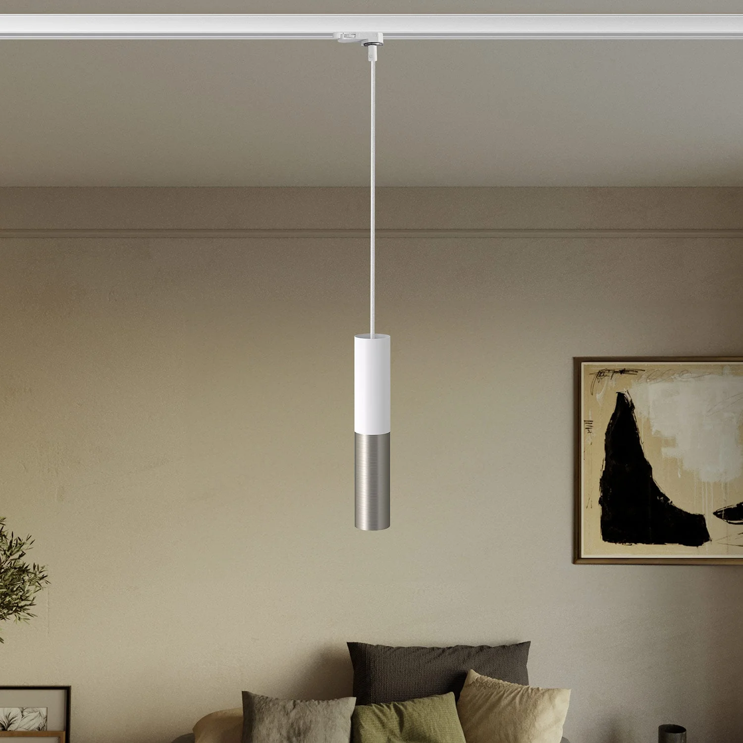 Track pendant lamp with double Tub-E14 lampshade - White and Satin Titanium - Image 2