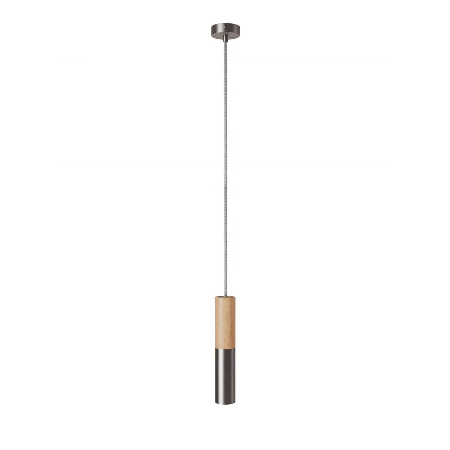 Pendant lamp Made in Italy complete with fabric cable and double Tub-E14 lampshade in wood and metal – Satin titanium