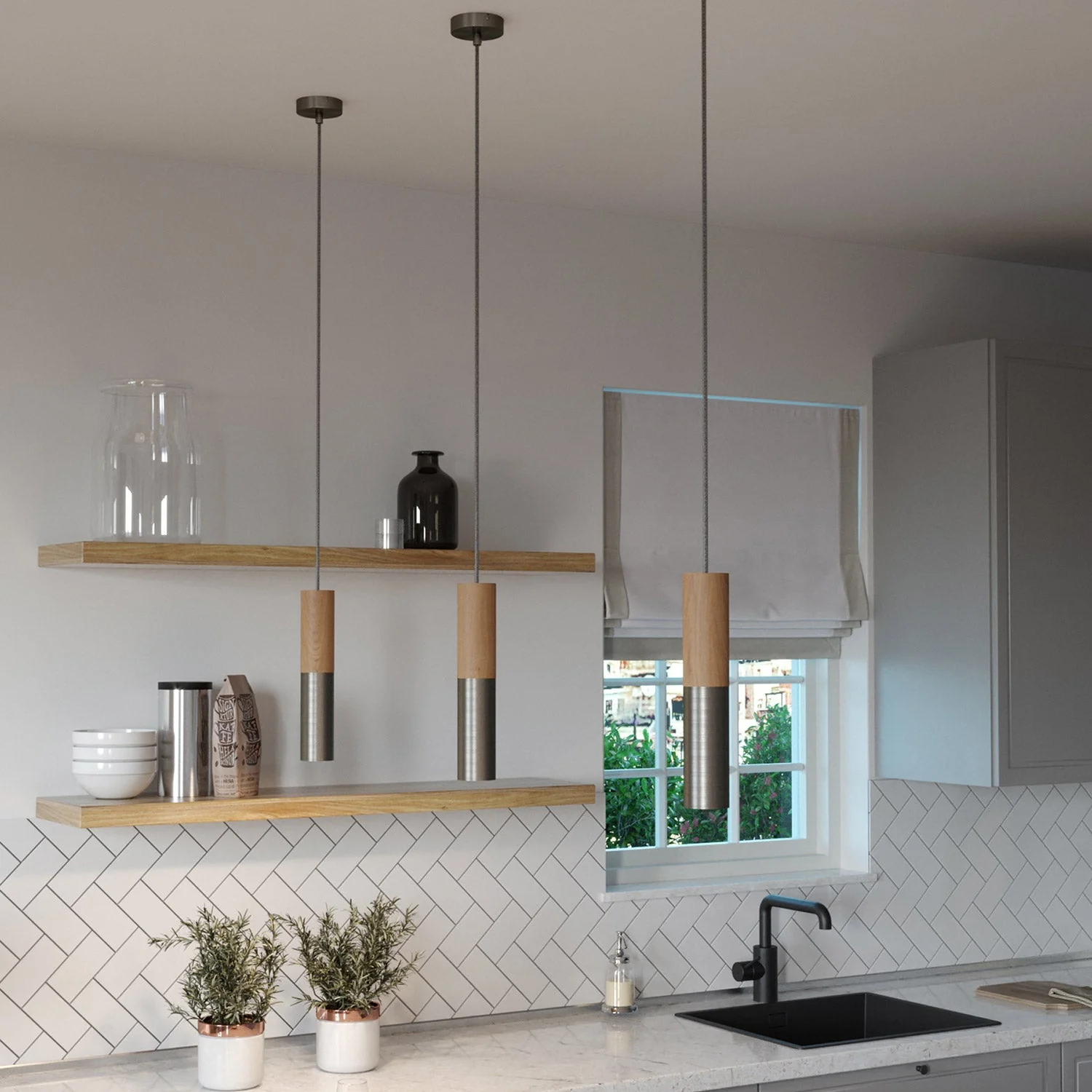 Pendant lamp Made in Italy complete with fabric cable and double Tub-E14 lampshade in wood and metal – Satin titanium - Image 2