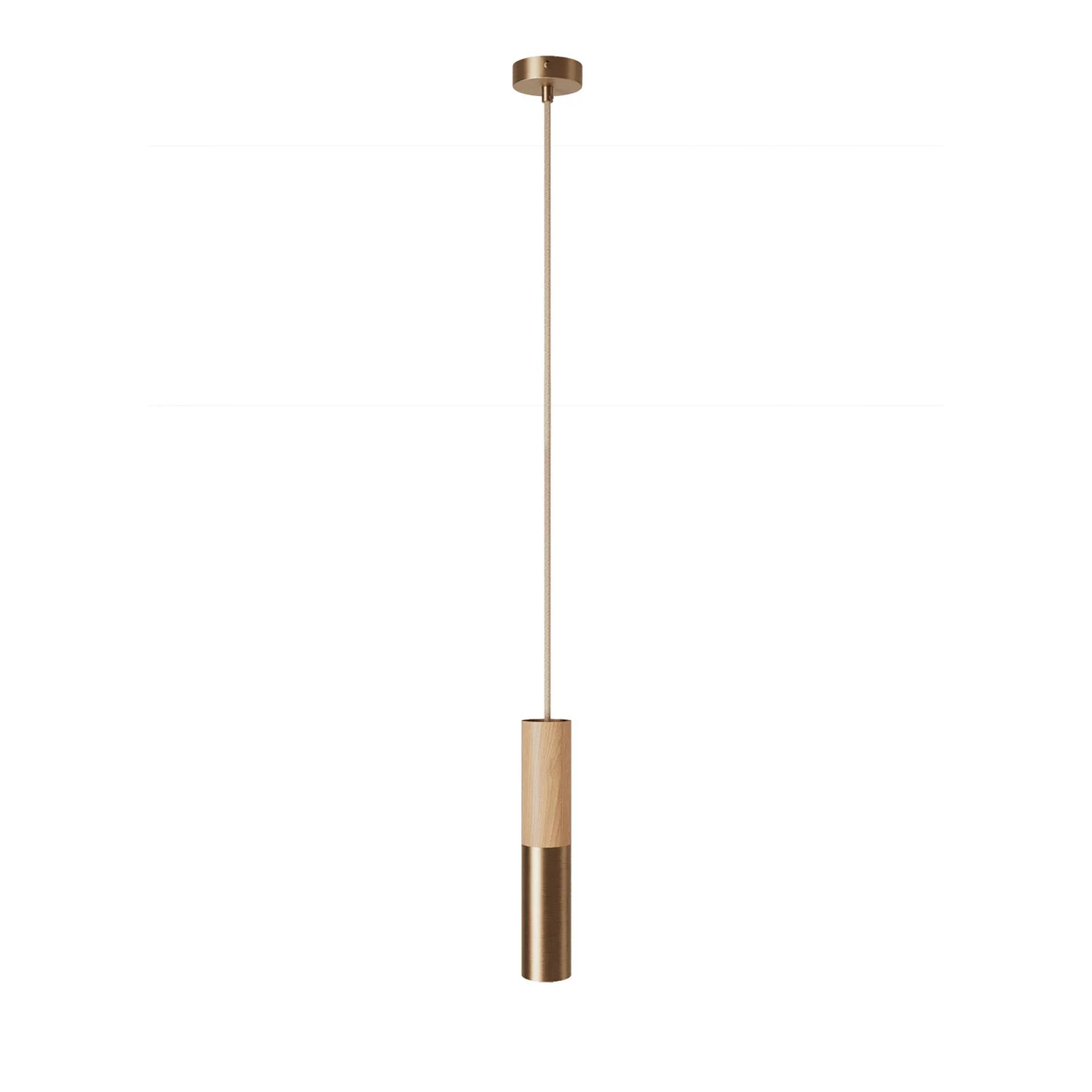Pendant lamp Made in Italy complete with fabric cable and double Tub-E14 lampshade in wood and metal - Satin bronze