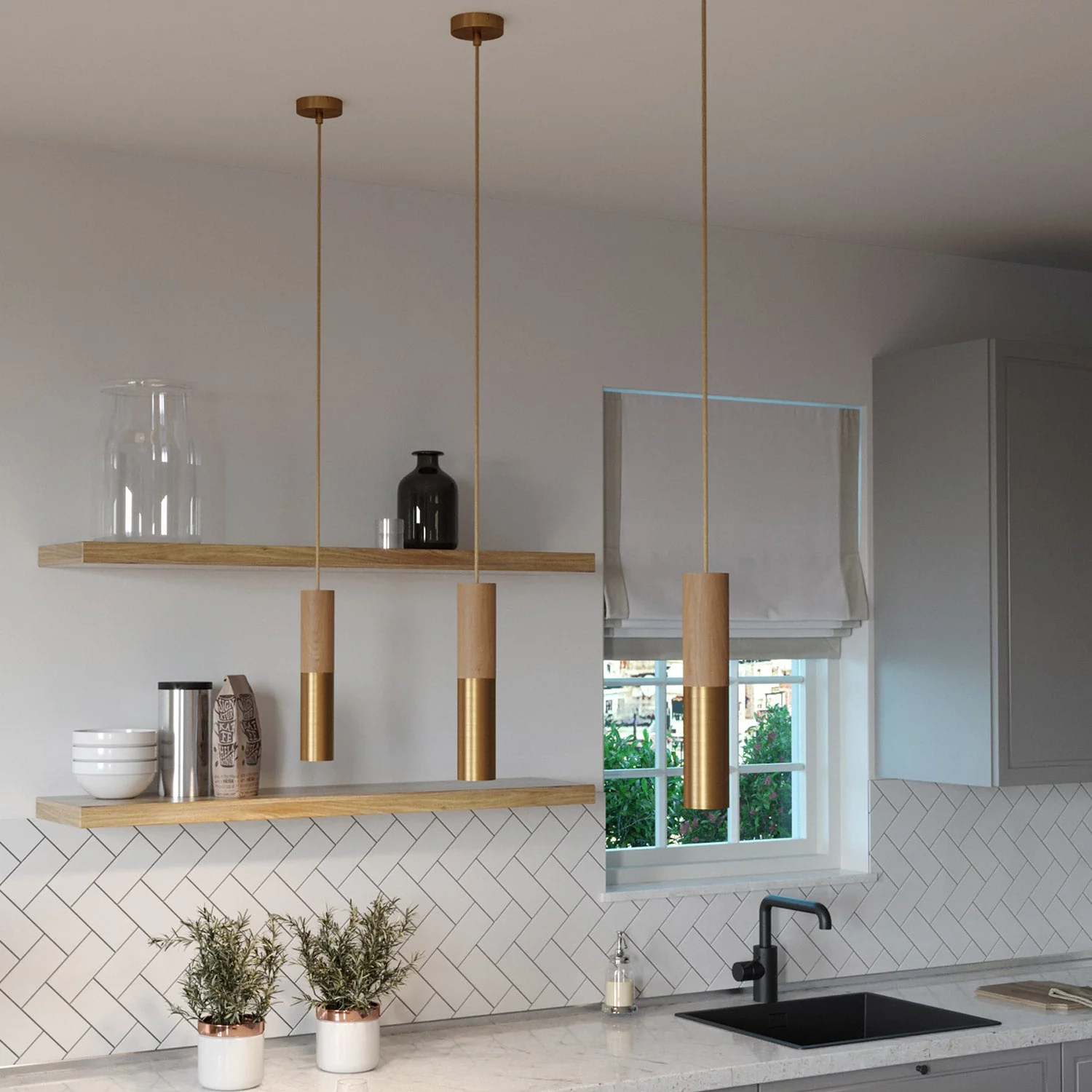 Pendant lamp Made in Italy complete with fabric cable and double Tub-E14 lampshade in wood and metal - Satin bronze - Image 2