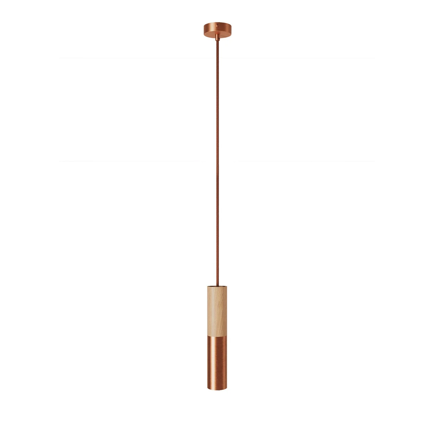 Suspension lamp Made in Italy complete with fabric cable and double Tub-E14 lampshade in wood and metal - Satin copper