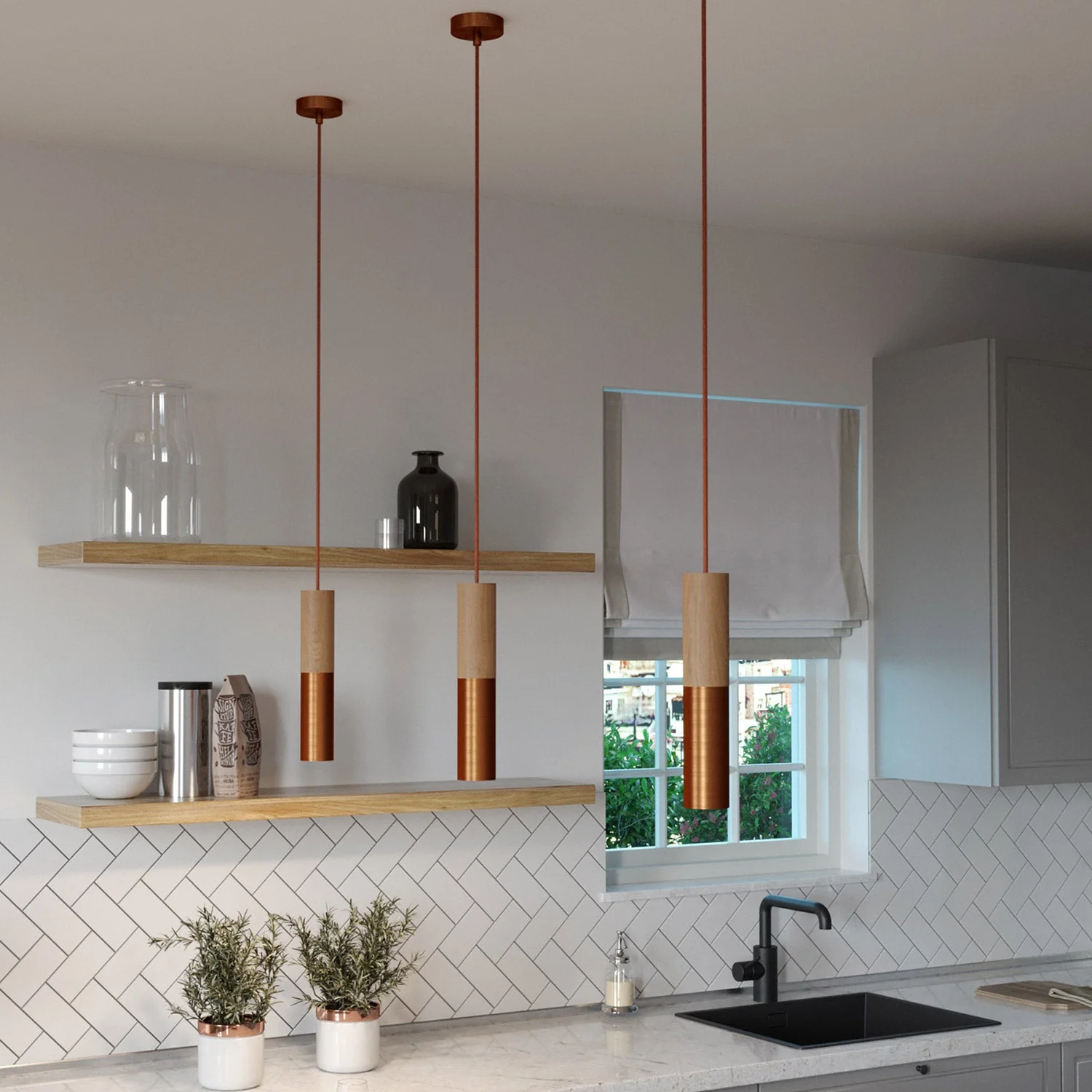 Suspension lamp Made in Italy complete with fabric cable and double Tub-E14 lampshade in wood and metal - Satin copper - Image 2