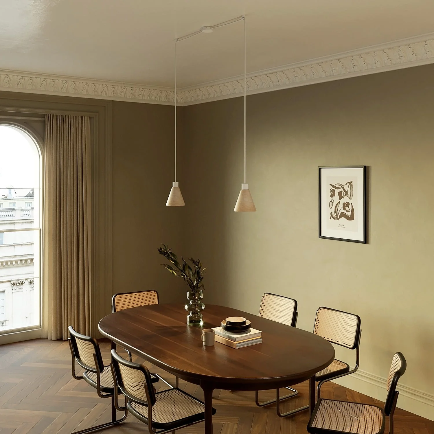 2-drop pendant lamp with conical wooden lampshades - Matt white - Image 2