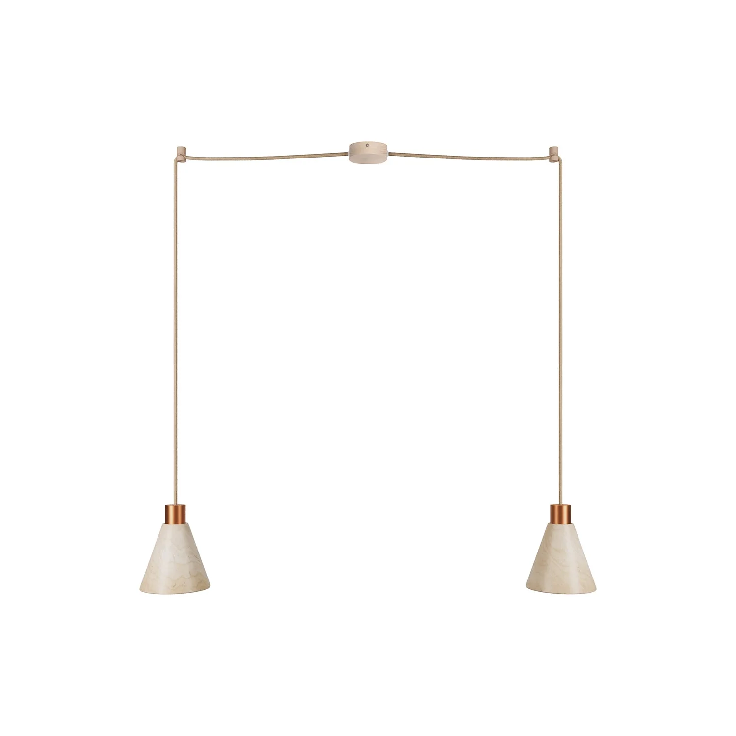Pendant lamp with two drops and conical Lampshades in wood – Satin copper