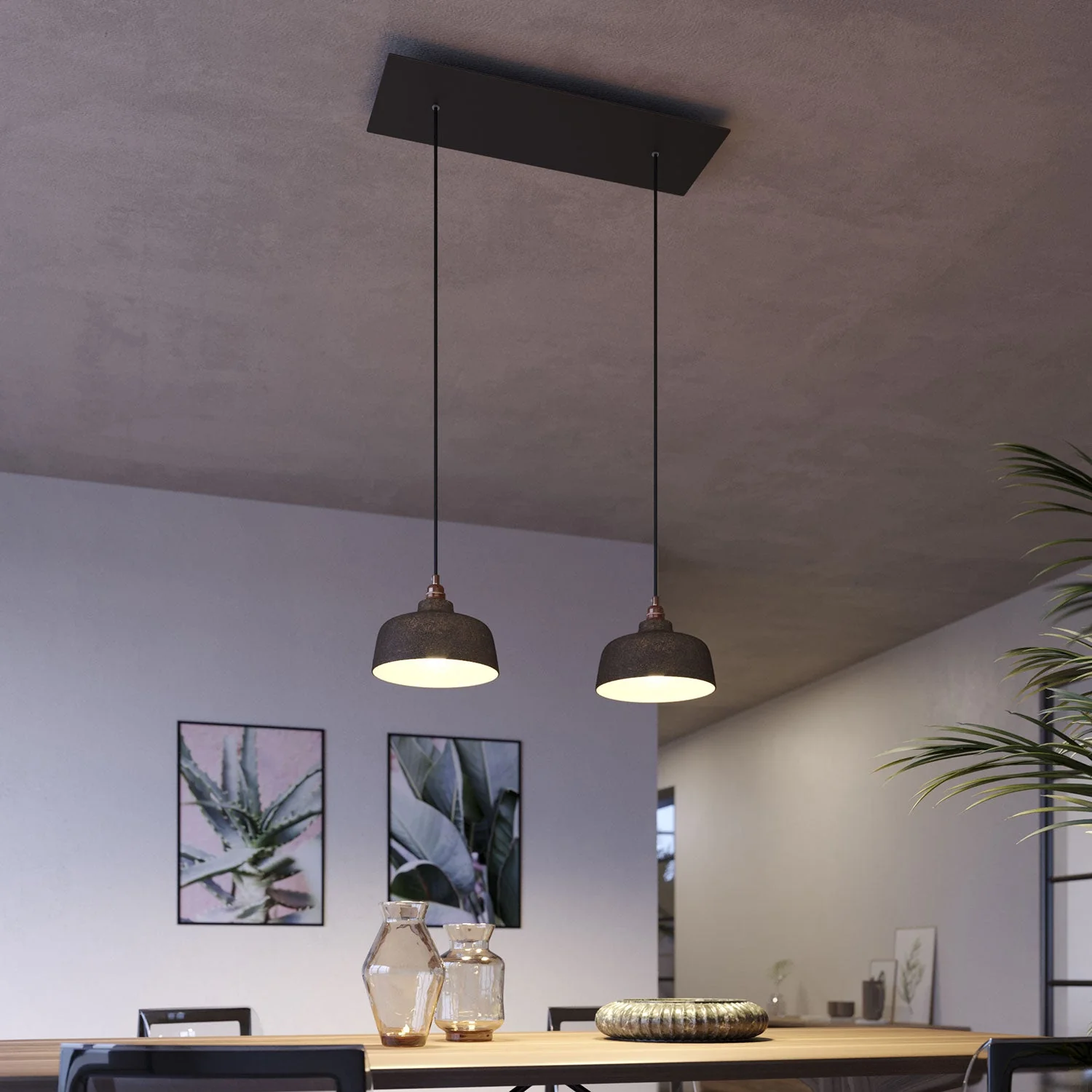 2-drop pendant lamp with XXL Rose-One rectangular 675 mm with Coppa lampshade - Matte black - Image 2