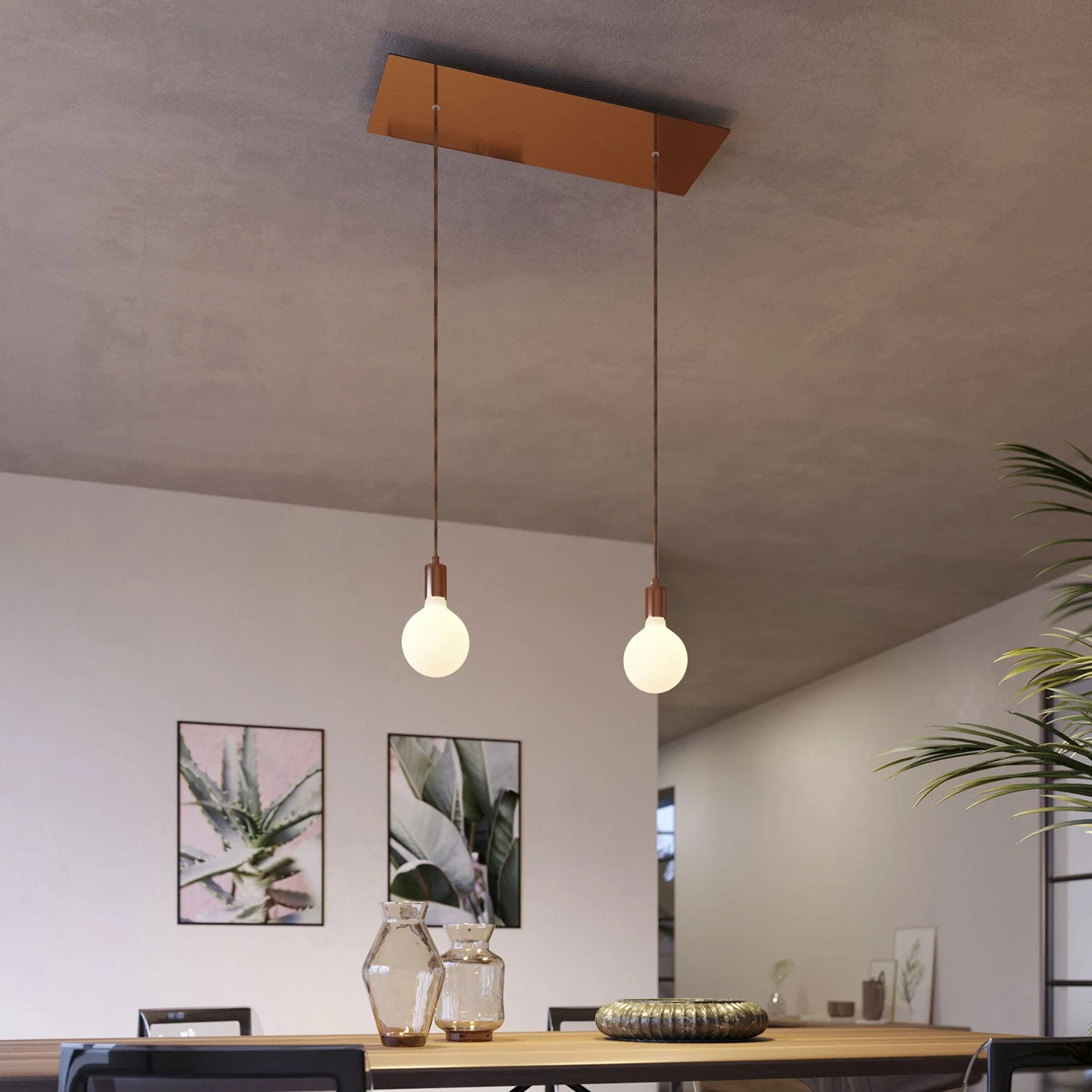 2-drop pendant lamp with XXL Rose-One rectangular 675 mm ceiling rose with metal finishes - Satin copper - Image 2