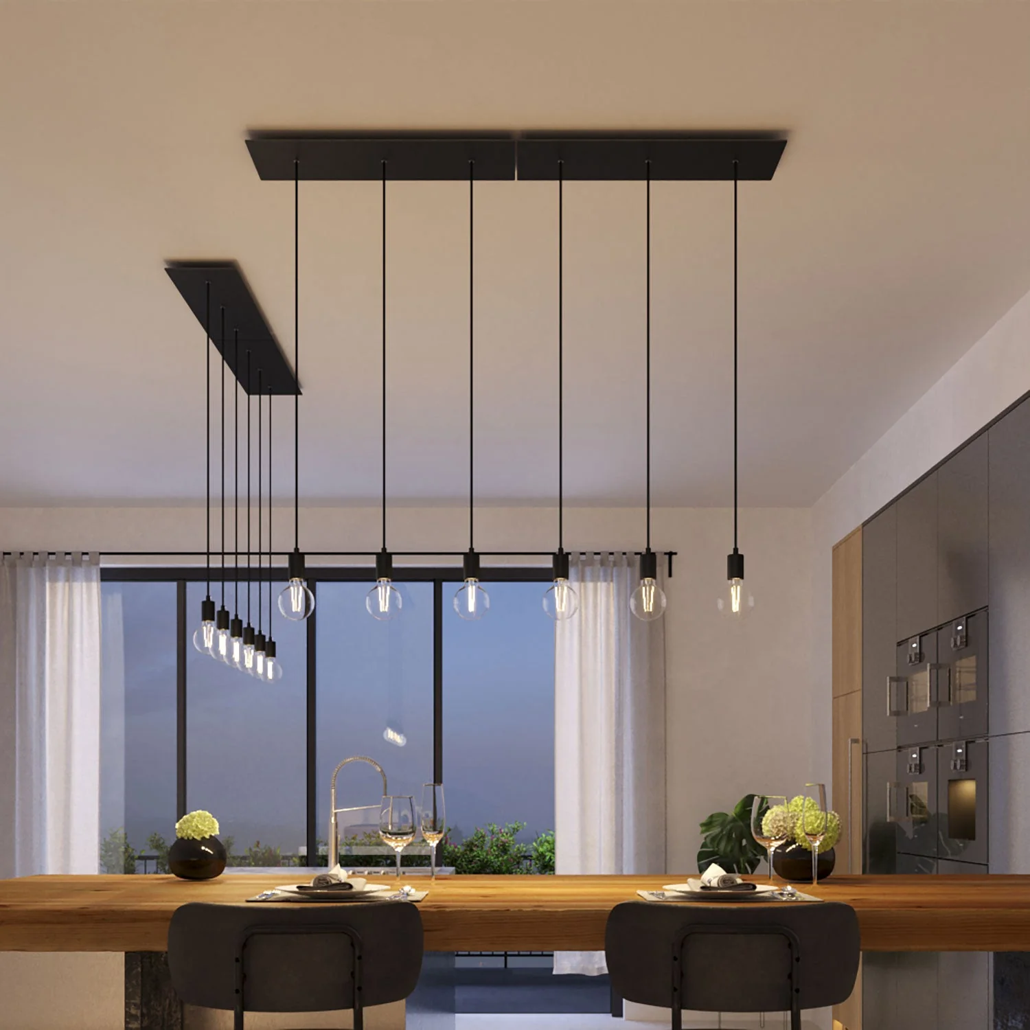 3-drop pendant lamp with XXL Rose-One rectangular 675 mm with metal finishes – Matte black - Image 2