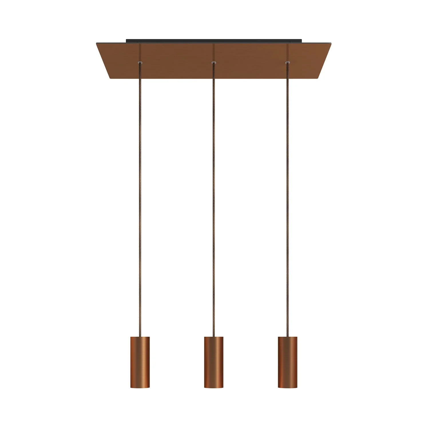 3-drop pendant lamp with XXL Rose-One rectangular 675 mm ceiling rose and Tub-E14 metal lampshade - Satin copper