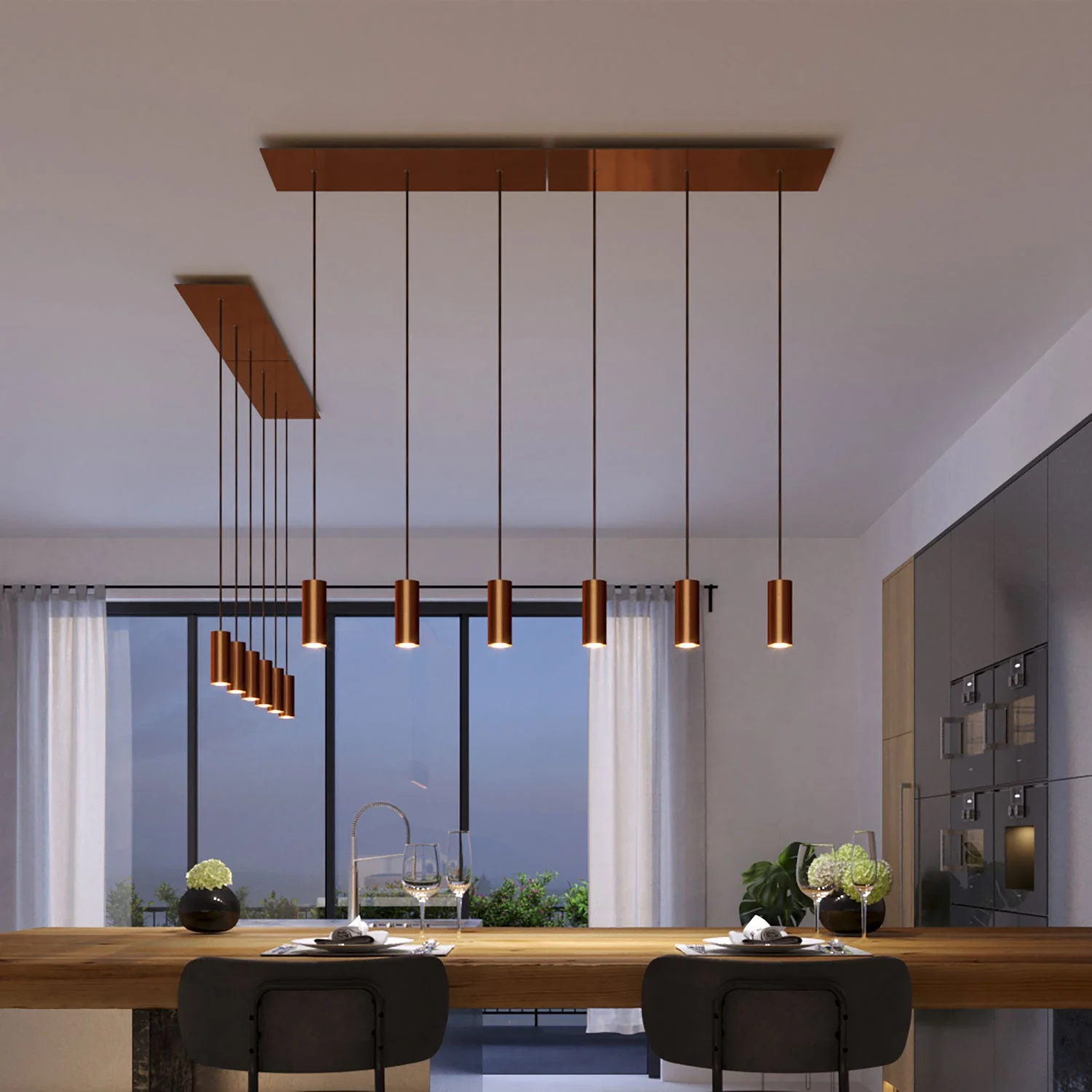 3-drop pendant lamp with XXL Rose-One rectangular 675 mm ceiling rose and Tub-E14 metal lampshade - Satin copper - Image 2