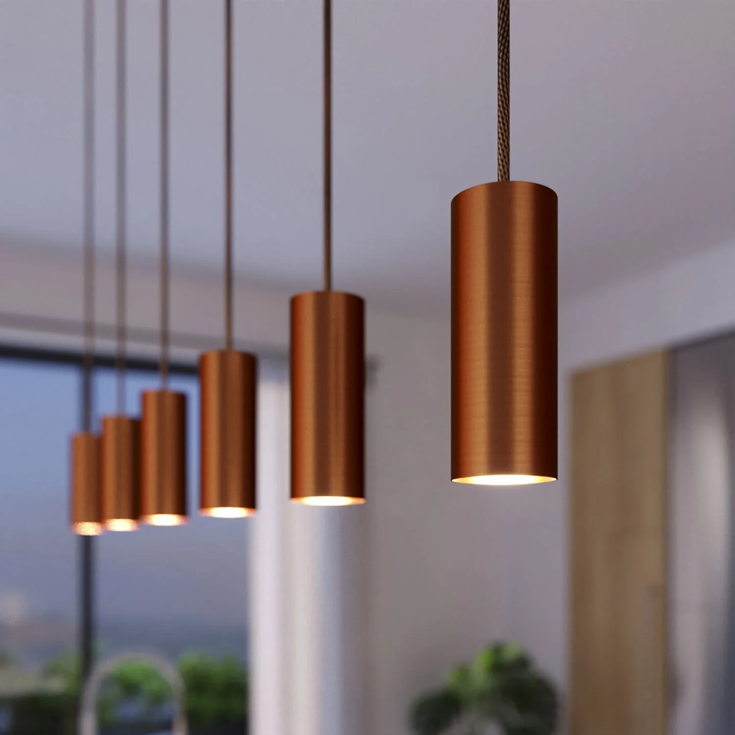 3-drop pendant lamp with XXL Rose-One rectangular 675 mm ceiling rose and Tub-E14 metal lampshade - Satin copper - Image 3