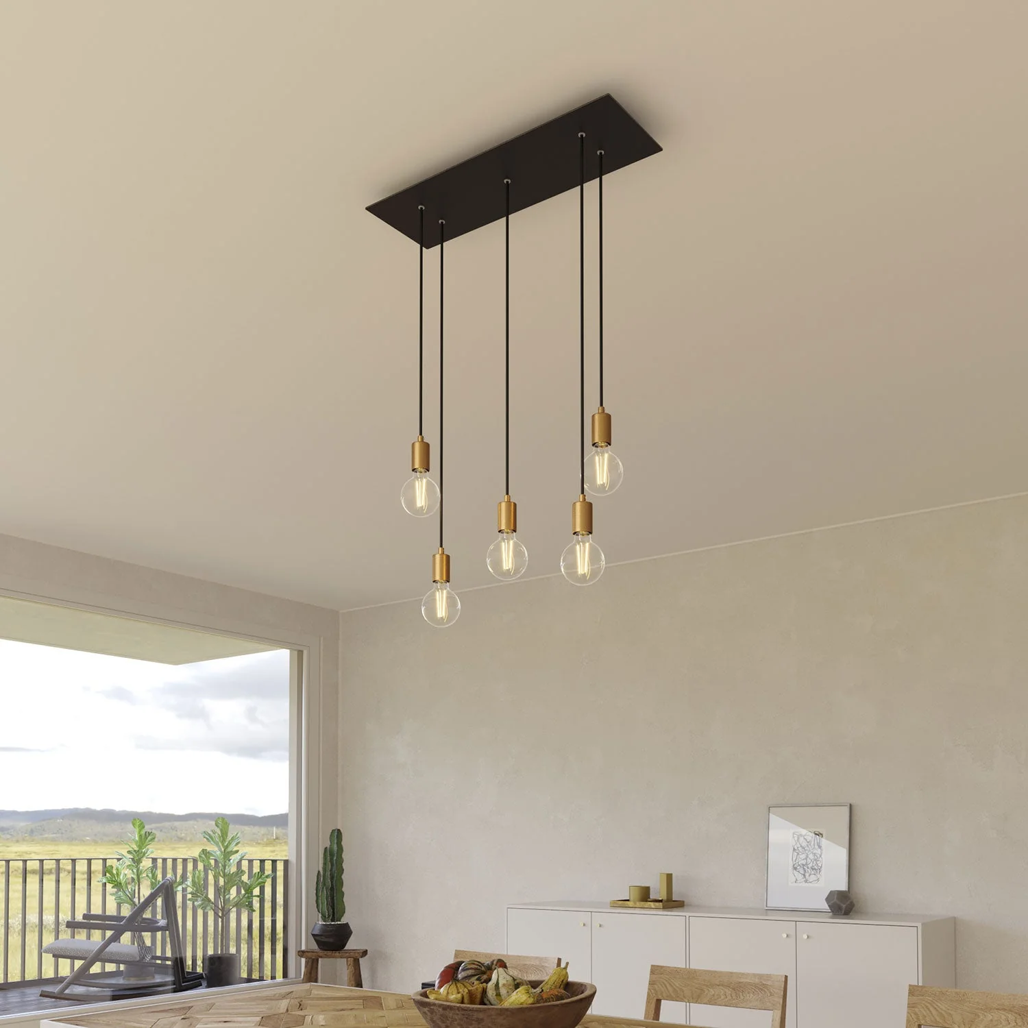 5-drop pendant lamp with XXL Rose-One rectangular 675 mm and metal finishes - Matt black - Image 2