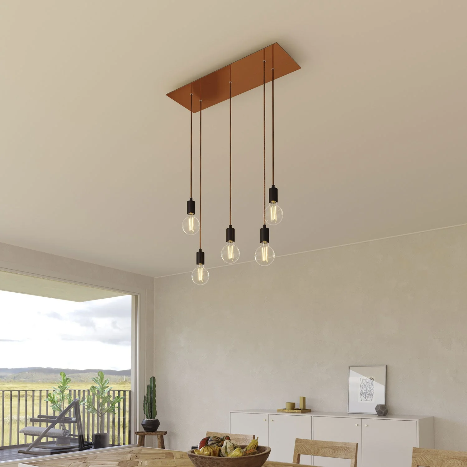 5-drop pendant lamp with XXL Rose-One rectangular 675 mm with metal finishes – Satin copper - Image 2