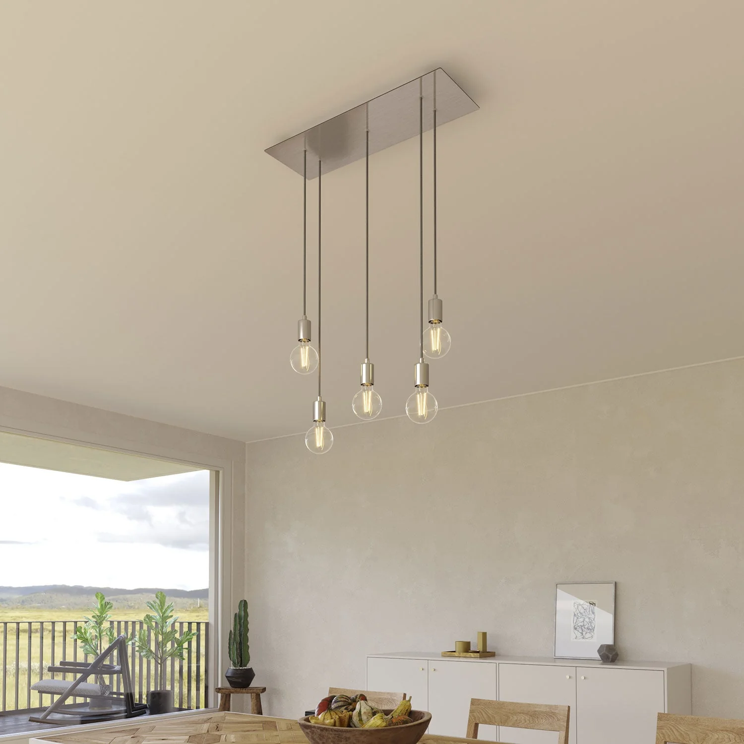 5-drop pendant lamp with XXL Rose-One rectangular 675 mm with metal finishes - Satin steel - Image 2