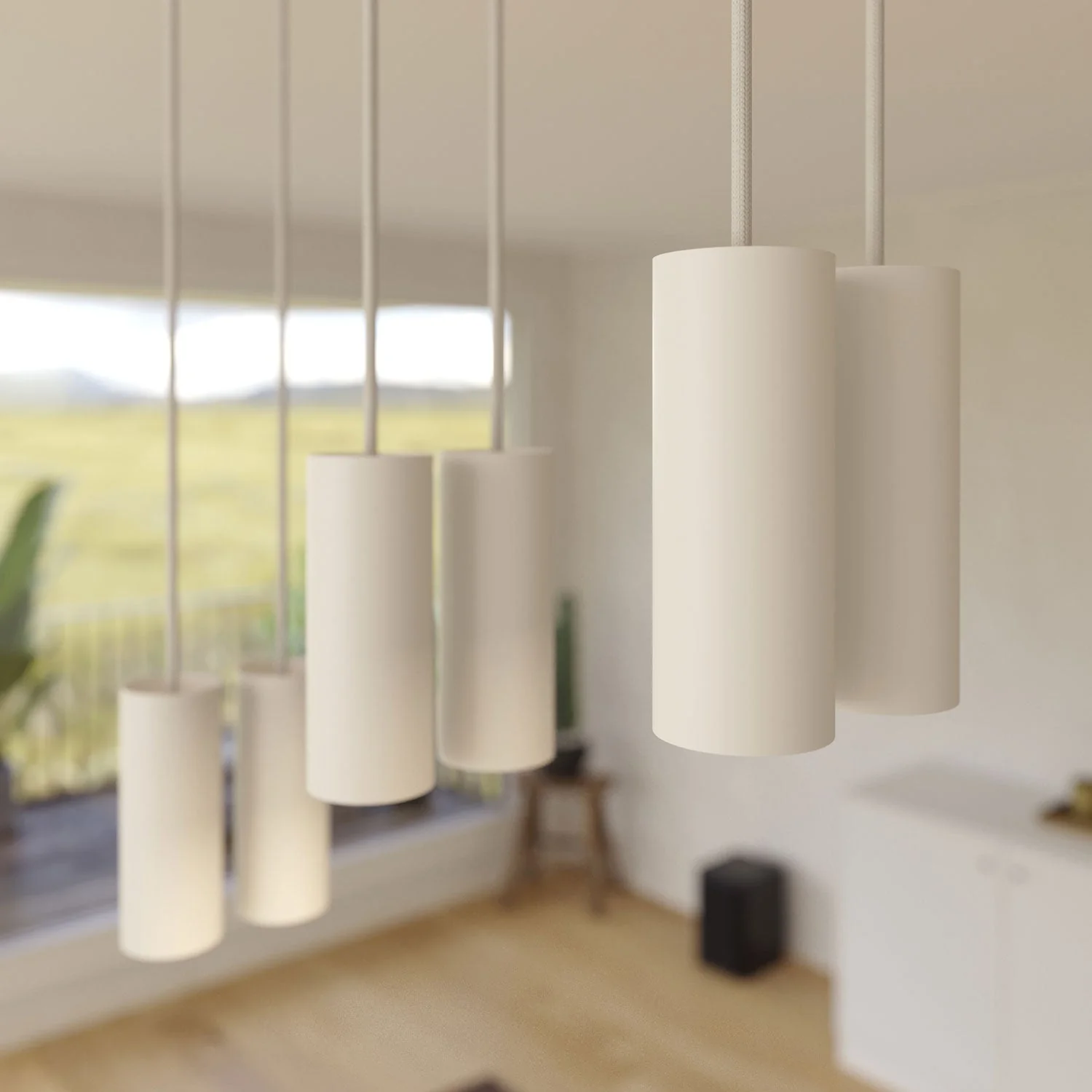 6-drop pendant lamp with XXL Rose-One rectangular 675 mm and Tub-E14 metal lampshade - Matt white - Image 3