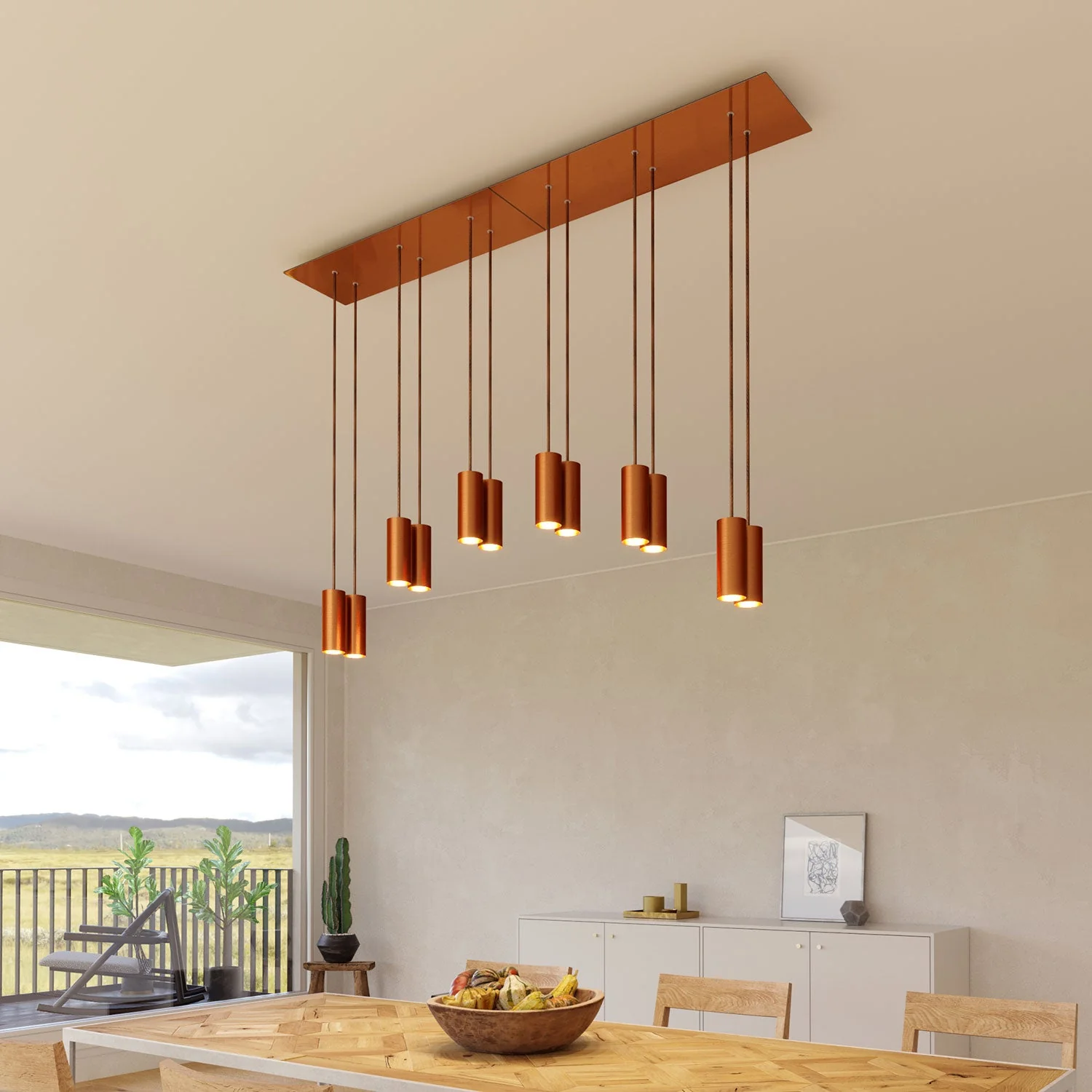 Six-drop pendant lamp with XXL Rose-One rectangular 675 mm with metal Tub-E14 lampshade - Satin copper - Image 2