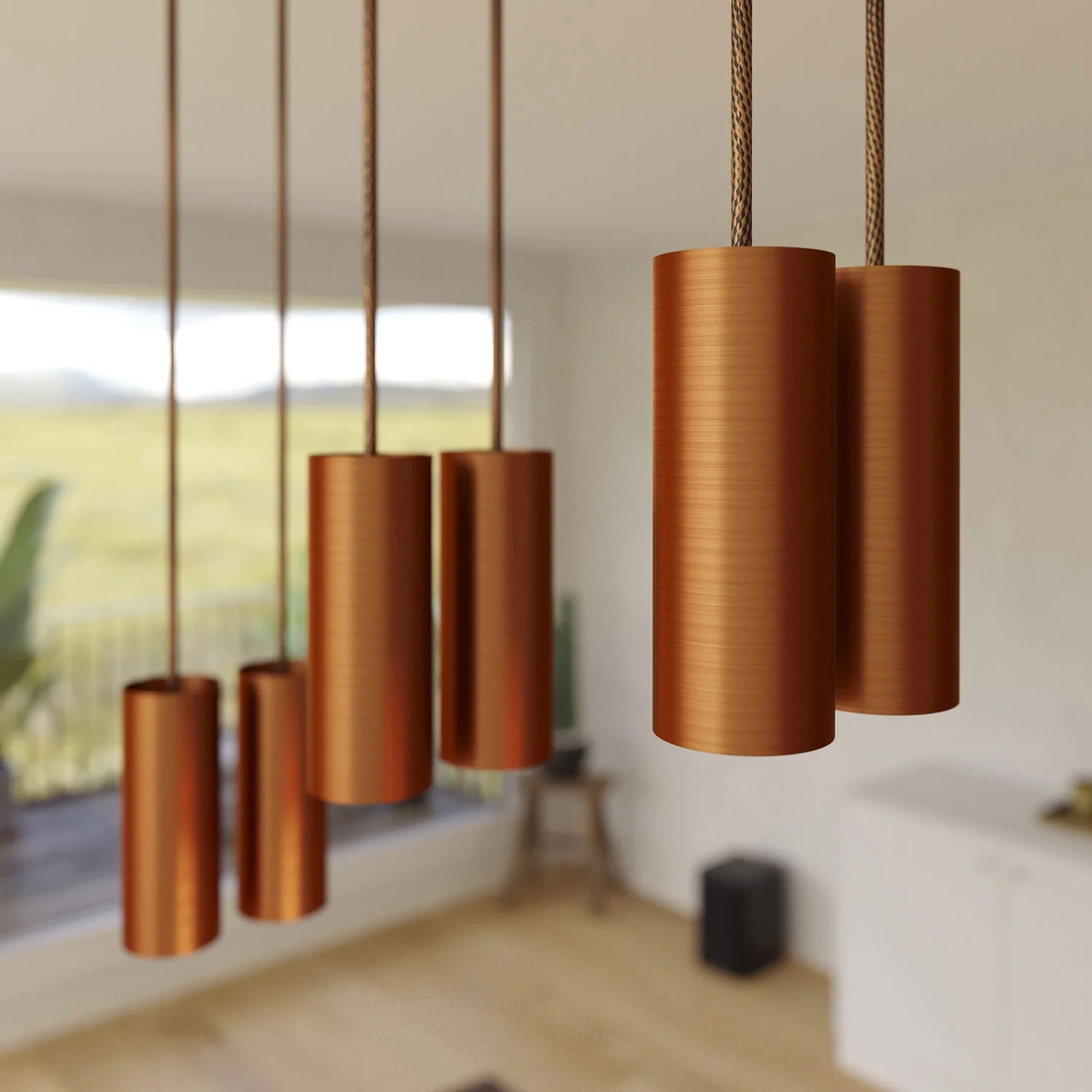 Six-drop pendant lamp with XXL Rose-One rectangular 675 mm with metal Tub-E14 lampshade - Satin copper - Image 3