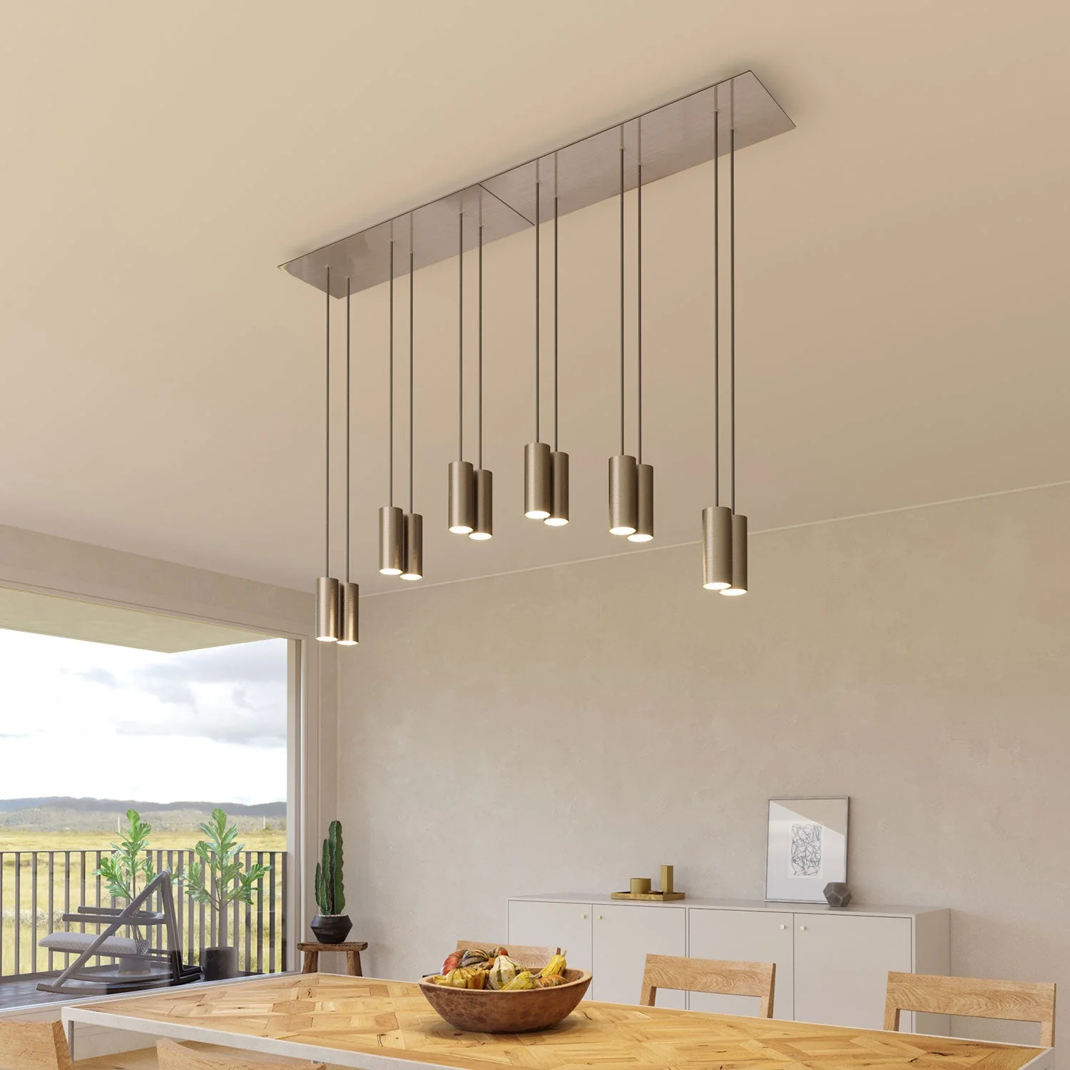 6-drop pendant lamp with XXL Rose-One rectangular 675 mm and Tub-E14 metal lampshade - Satin steel - Image 2