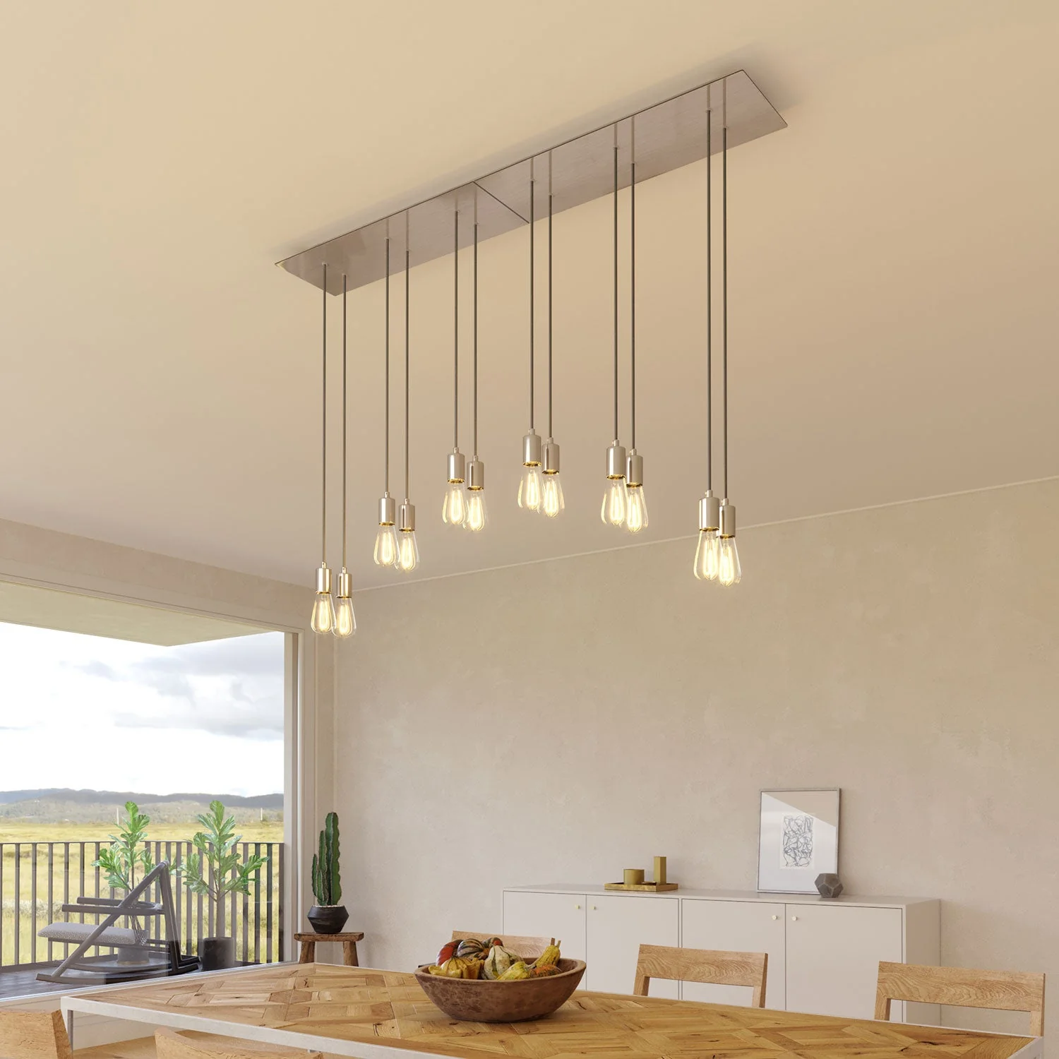 6-drop pendant lamp with XXL Rose-One rectangular 675 mm ceiling rose and metal finishes - Satin steel - Image 2