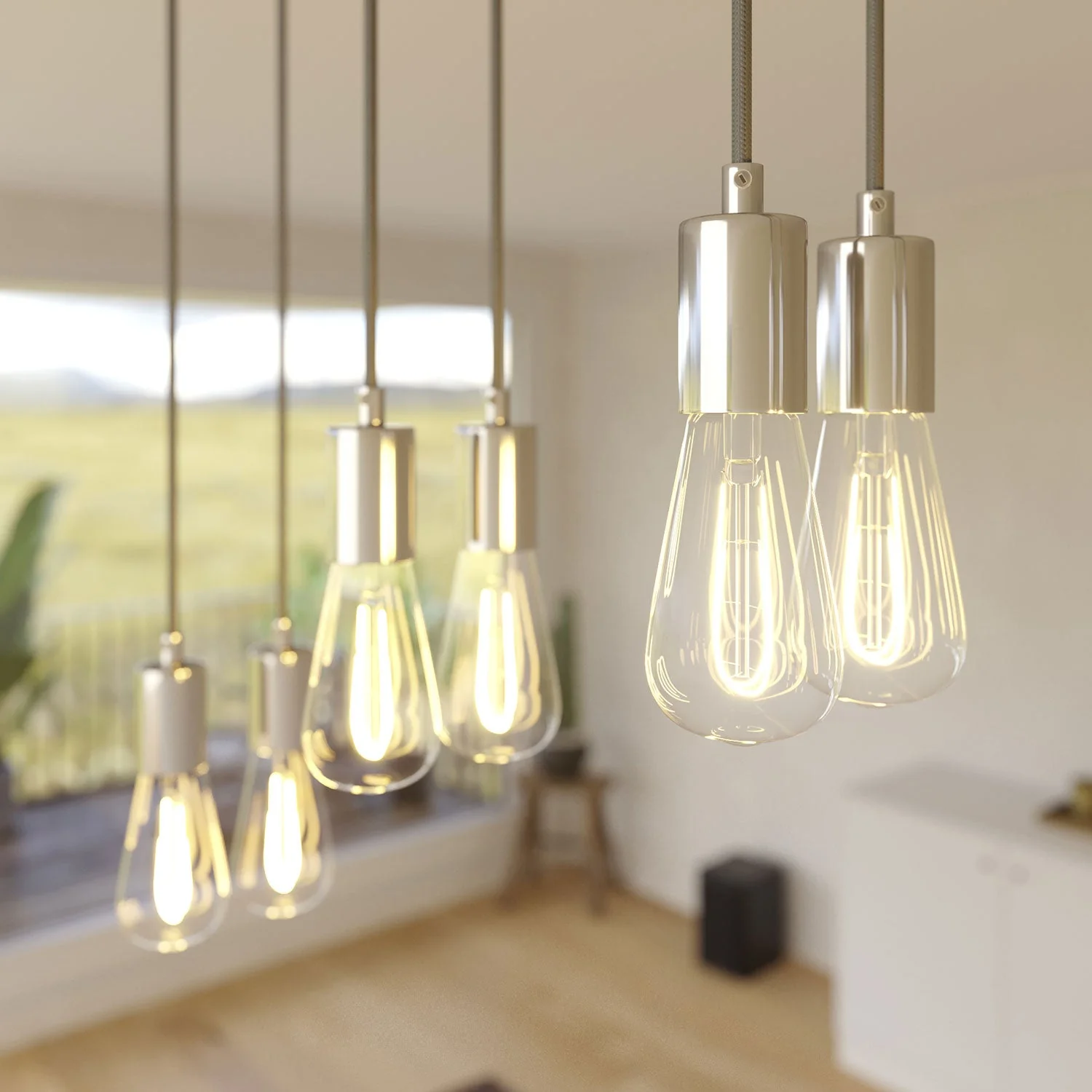 6-drop pendant lamp with XXL Rose-One rectangular 675 mm ceiling rose and metal finishes - Satin steel - Image 3