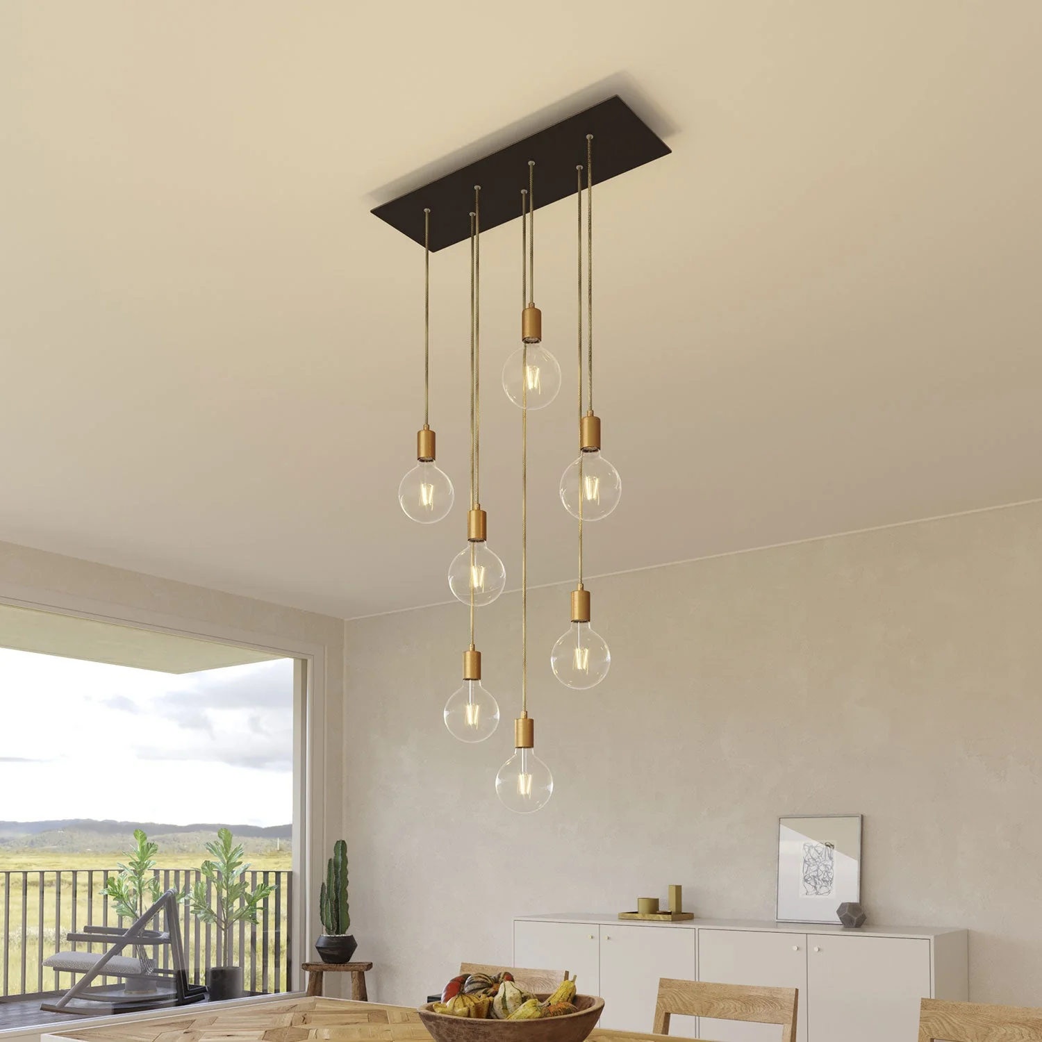 7-drop pendant lamp with XXL Rose-One rectangular 675 mm ceiling rose with metal finishes - Matt black - Image 2