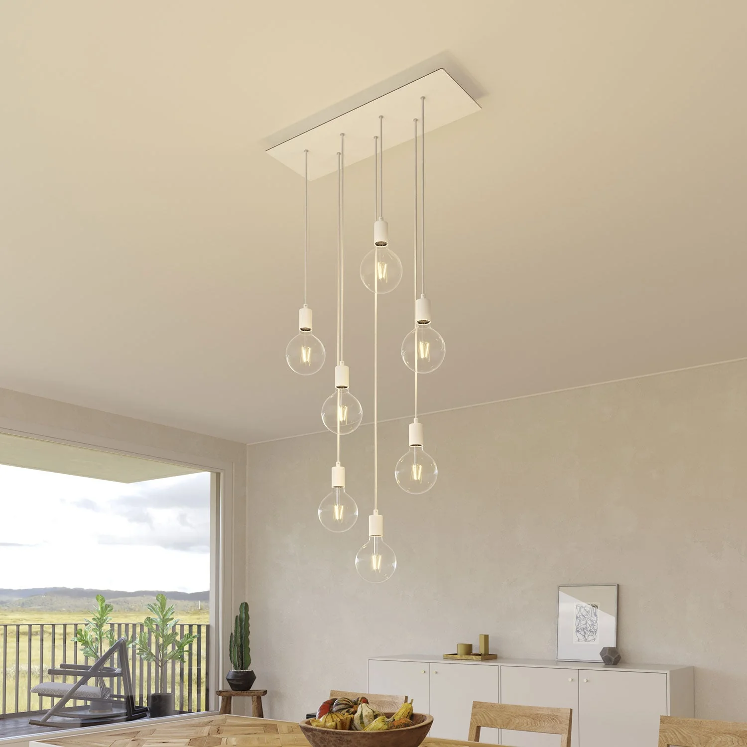 7-drop pendant lamp with XXL Rose-One rectangular 675 mm ceiling rose and metal finishes - Matt white - Image 2