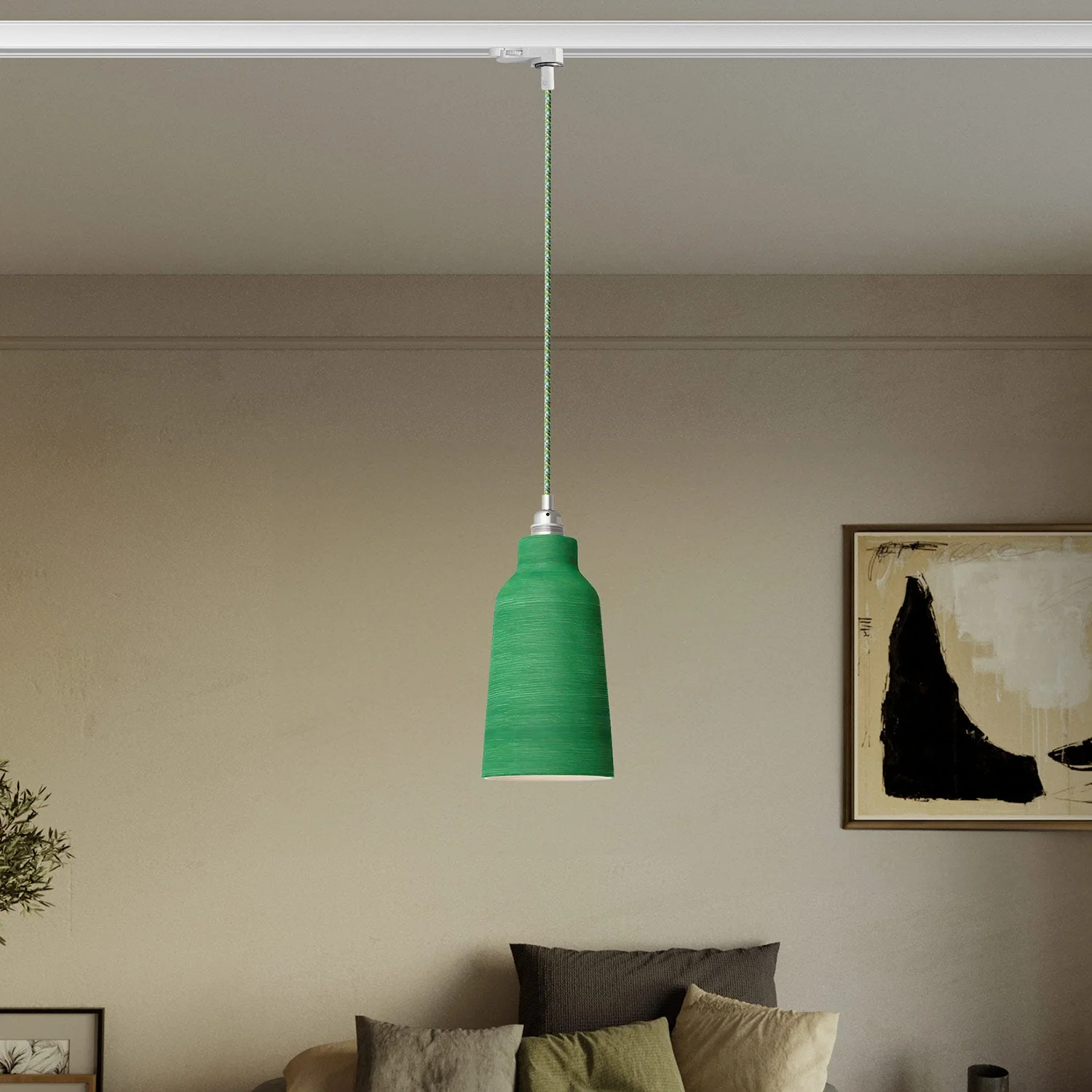 Pendant lamp with Bottle Lampshade and track adapter – Striped Evergreen - Image 2