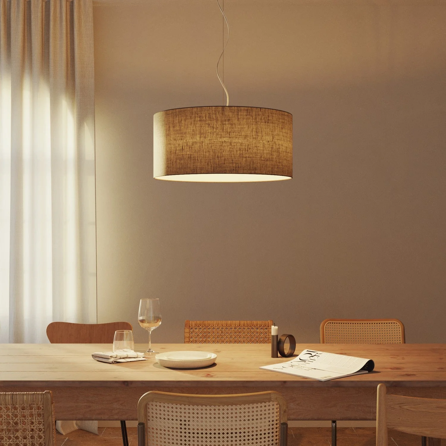 Pendant lamp with Cylindrical fabric lampshade Large - Made in Italy - Camelot Brown - Image 2