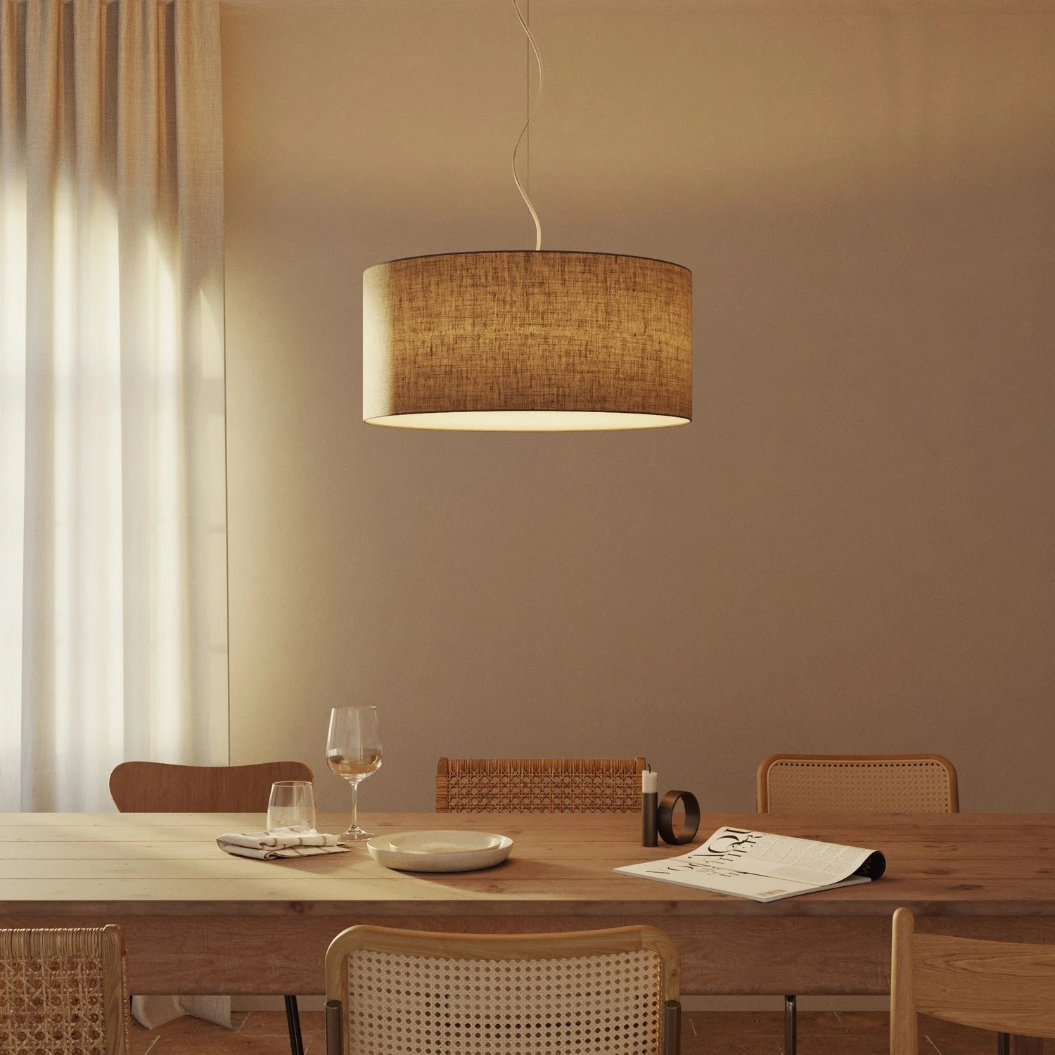 Pendant lamp with Cylindrical fabric lampshade Large - Made in Italy - Camelot Brown - Image 8