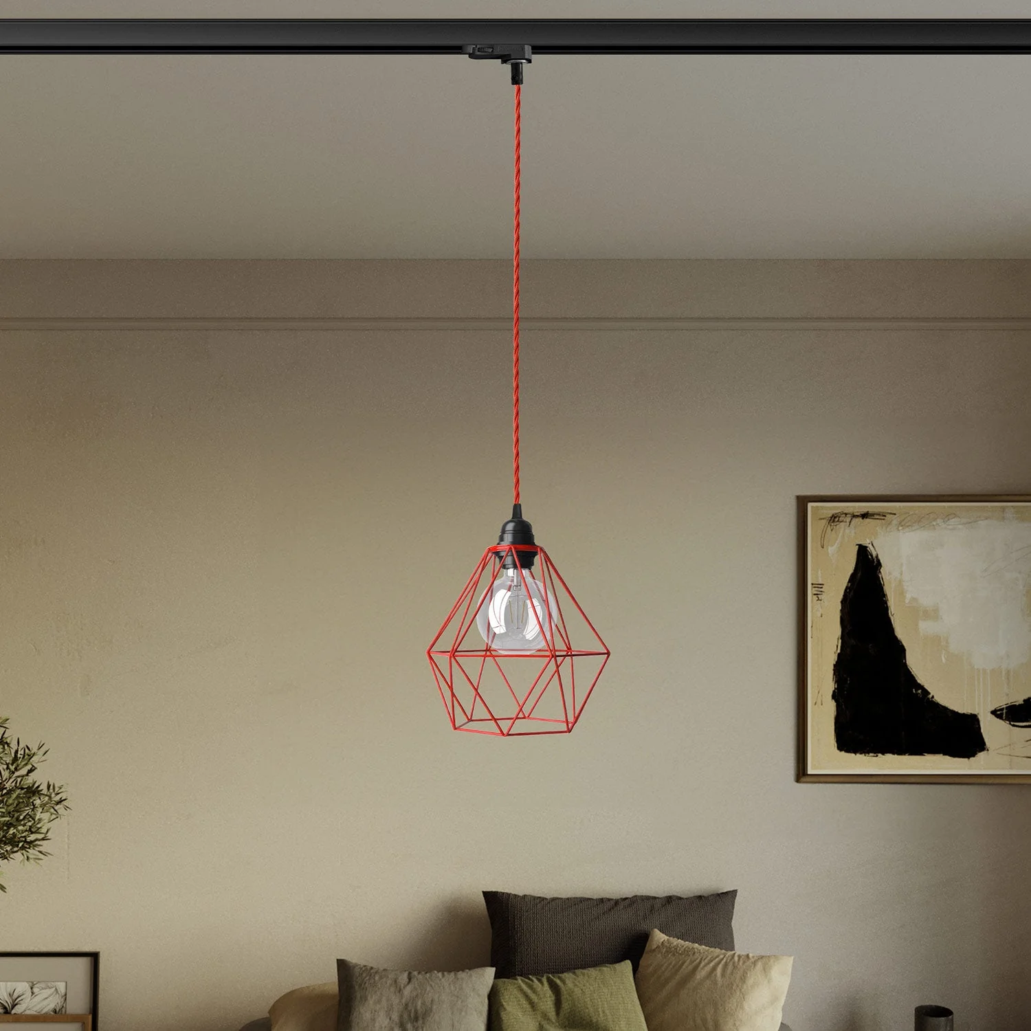 Pendant lamp with Diamond cage lampshade for tracks - Red - Image 2