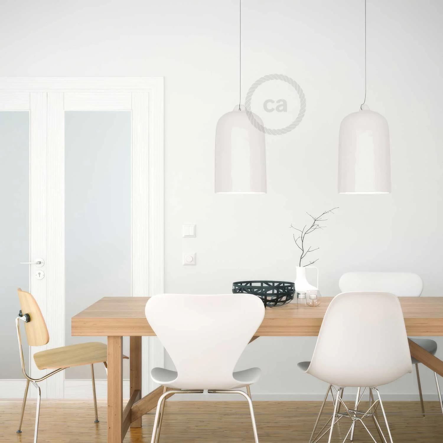 Pendant lamp complete with textile cable and Campana XL ceramic lampshade - Glossy white - Image 4