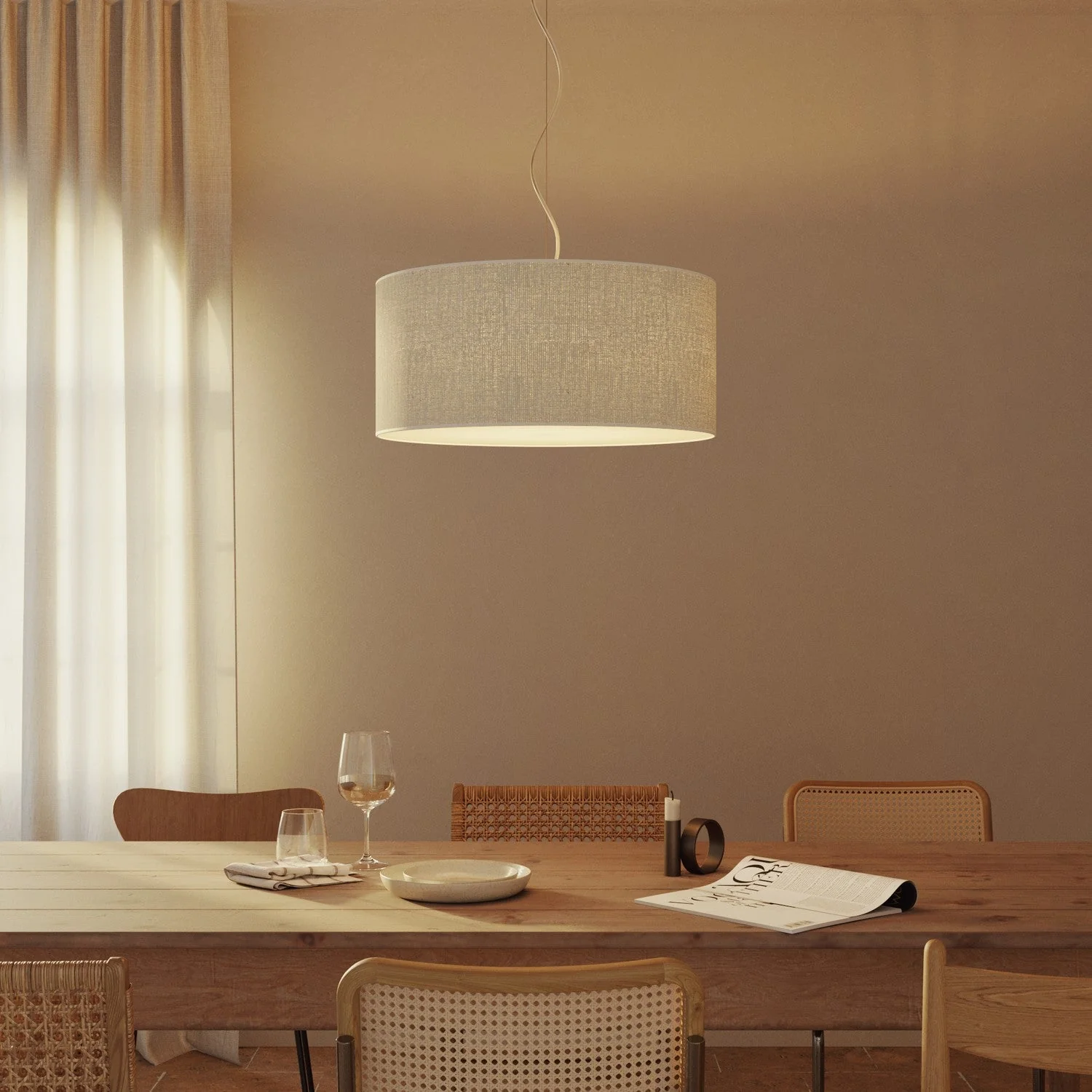Pendant lamp with Large Cylinder fabric lampshade - Made in Italy - Light Jute - Image 8