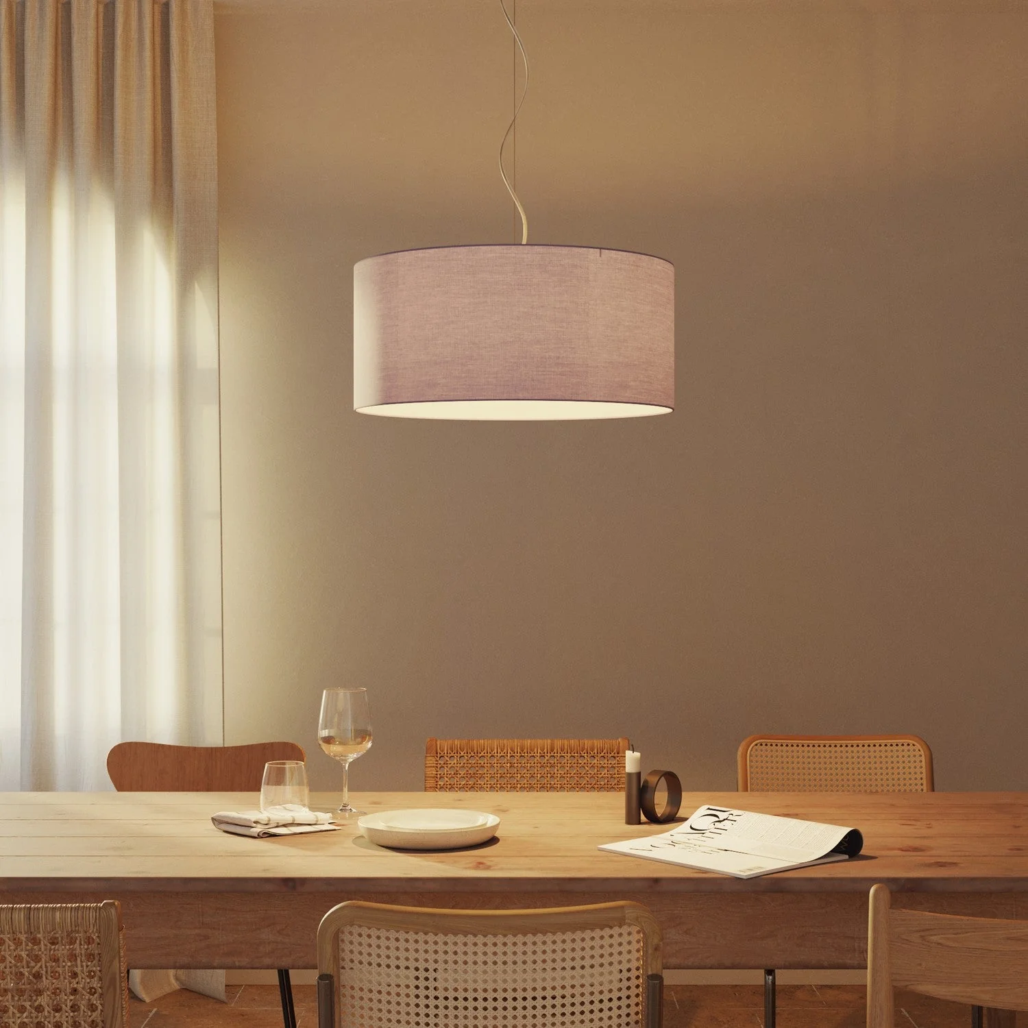 Pendant lamp with Large Cylinder fabric lampshade - Made in Italy - Lilac Teletta - Image 2