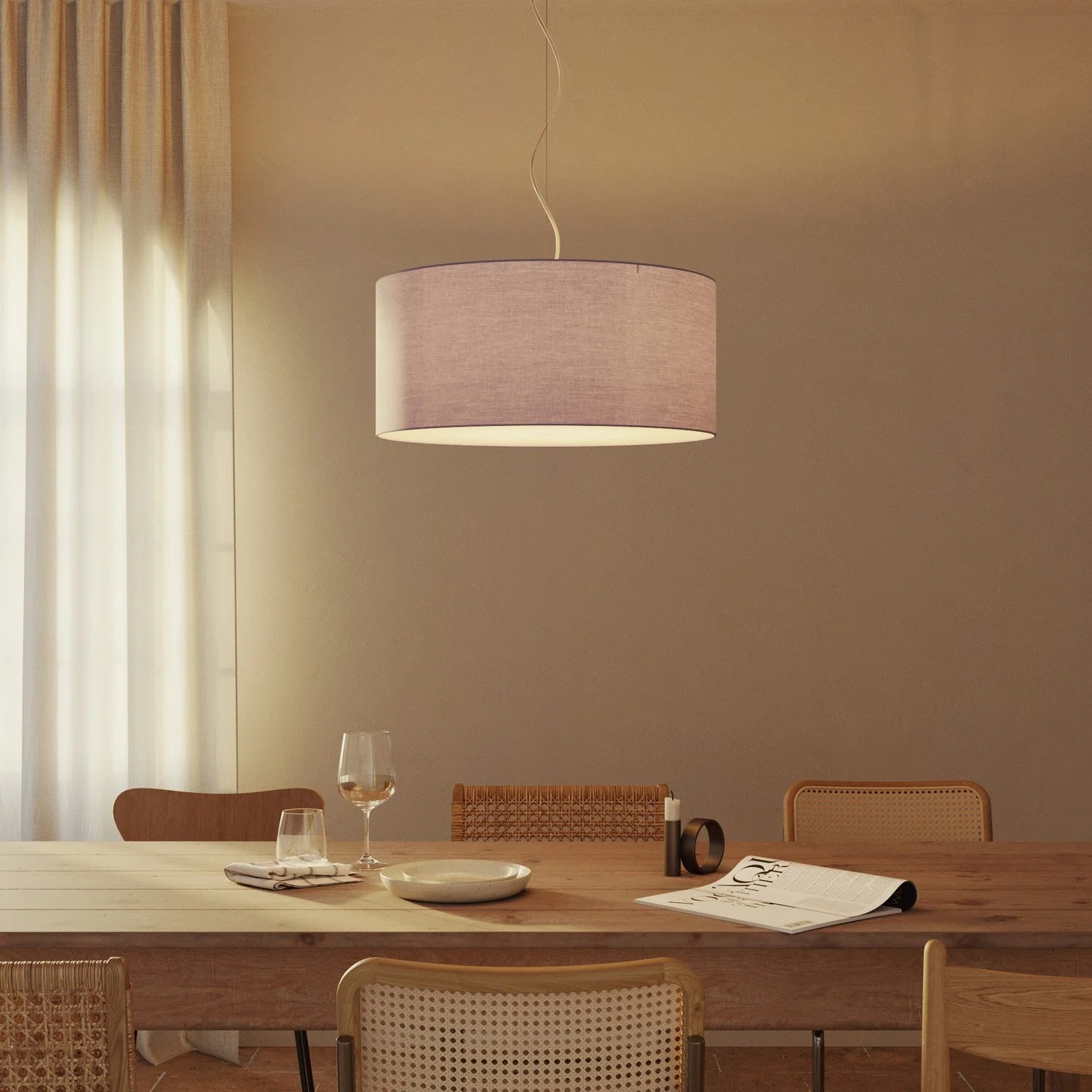 Pendant lamp with Large Cylinder fabric lampshade - Made in Italy - Lilac Teletta - Image 8