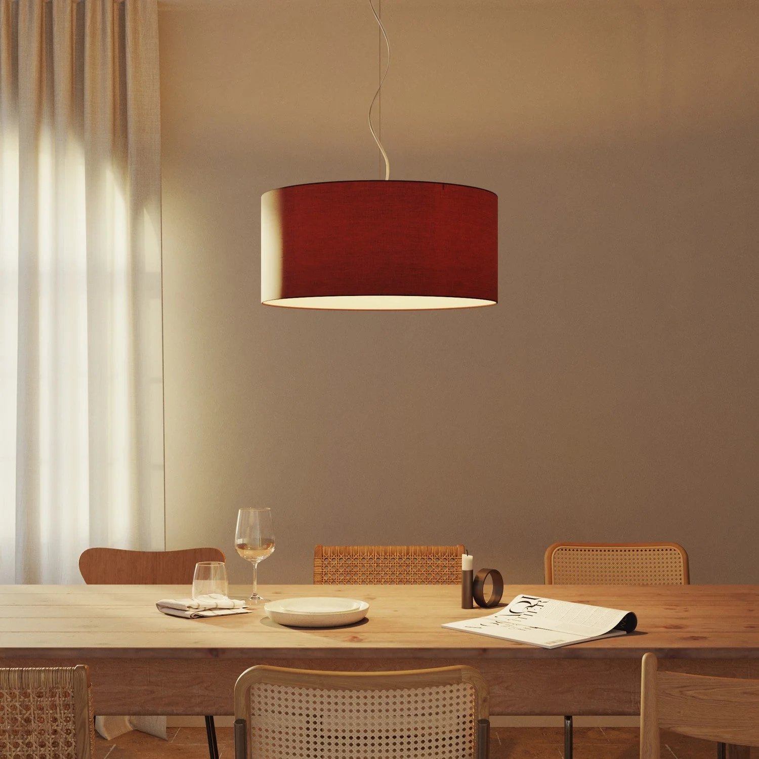 Pendant lamp with Cilindro Large fabric lampshade - Made in Italy - Arenal Bordeaux - Image 2