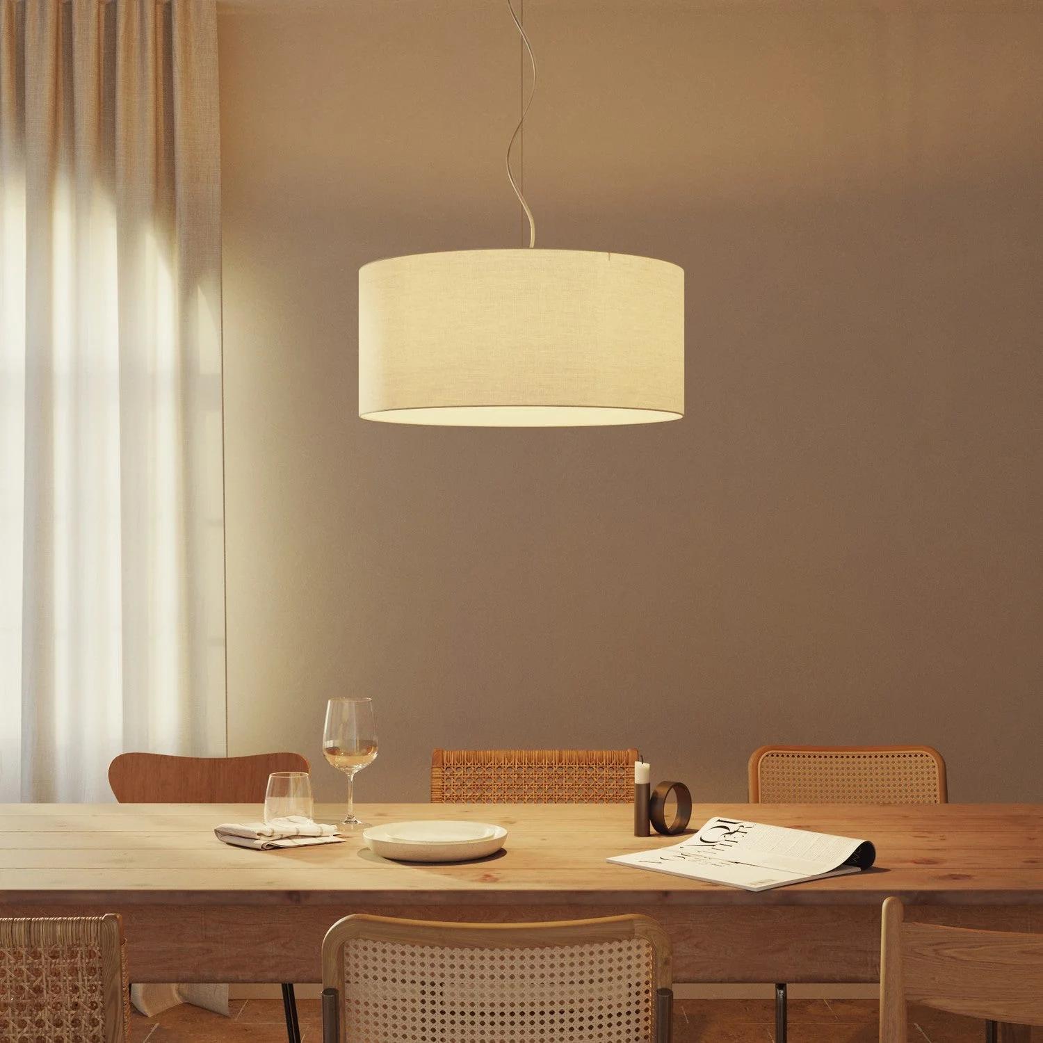 Pendant lamp with fabric Cylinder Lampshade Large - Made in Italy - Arenal Sand - Image 2