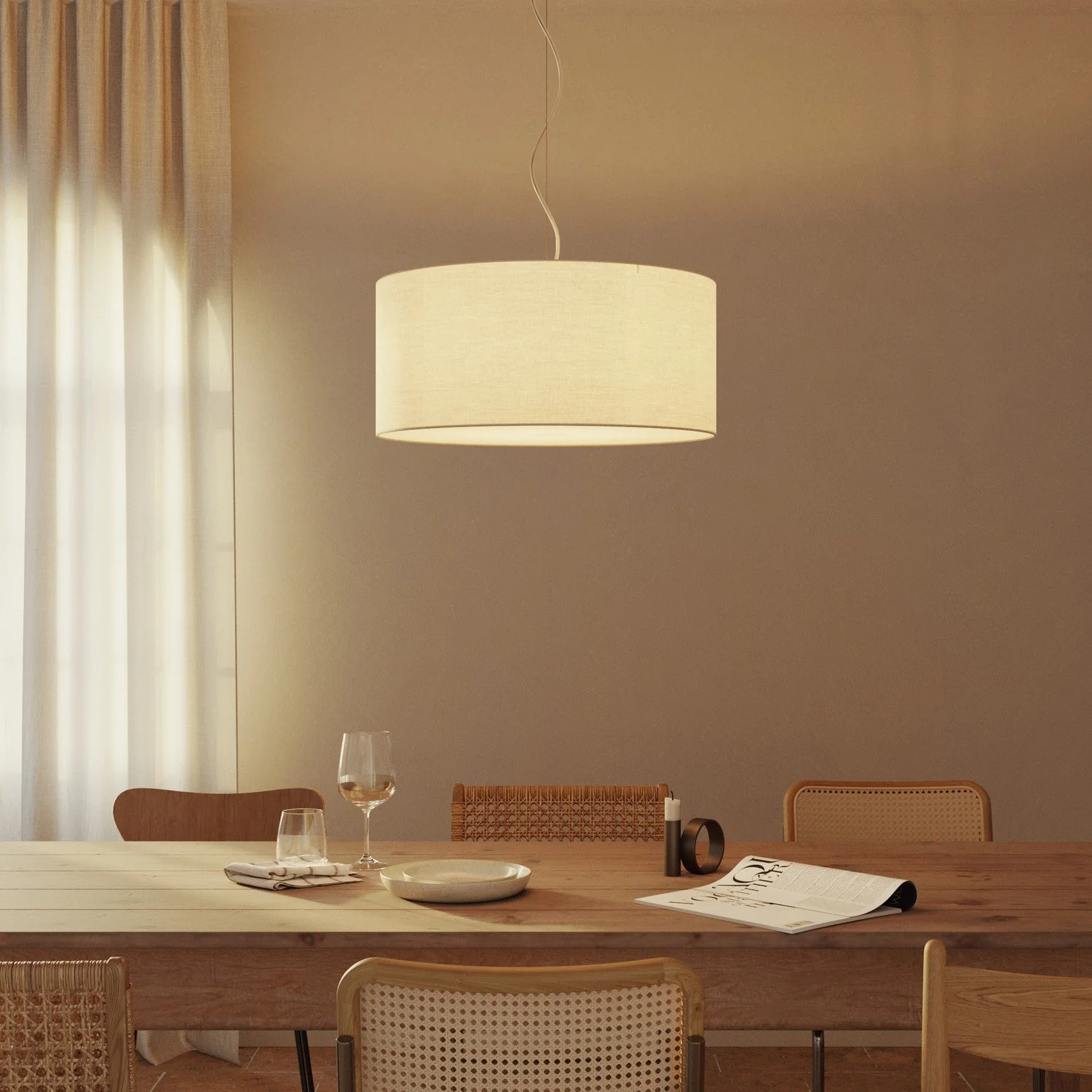 Pendant lamp with fabric Cylinder Lampshade Large - Made in Italy - Arenal Sand - Image 8