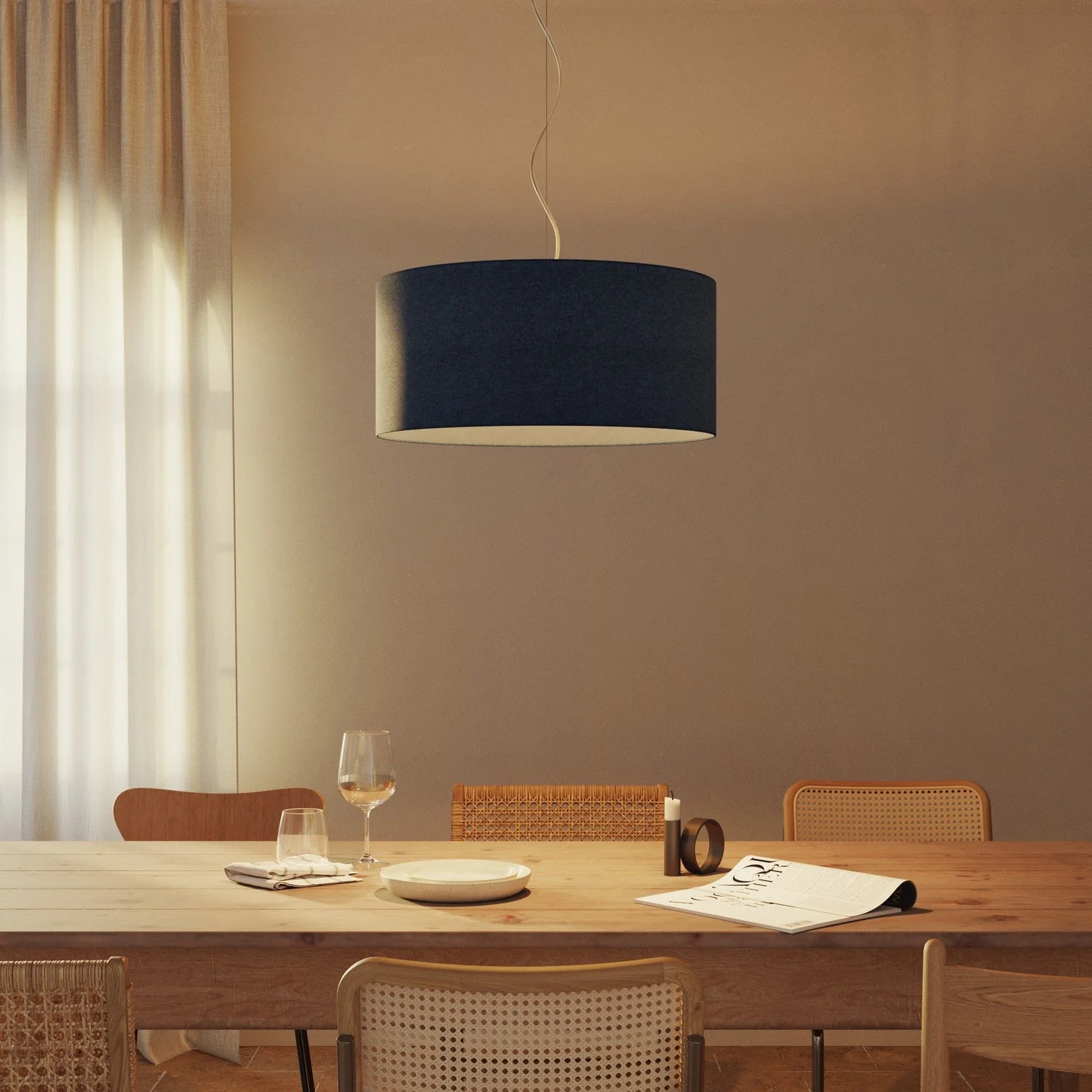 Pendant lamp with Cilindro Large fabric lampshade - Made in Italy - Blue Wool - Image 2