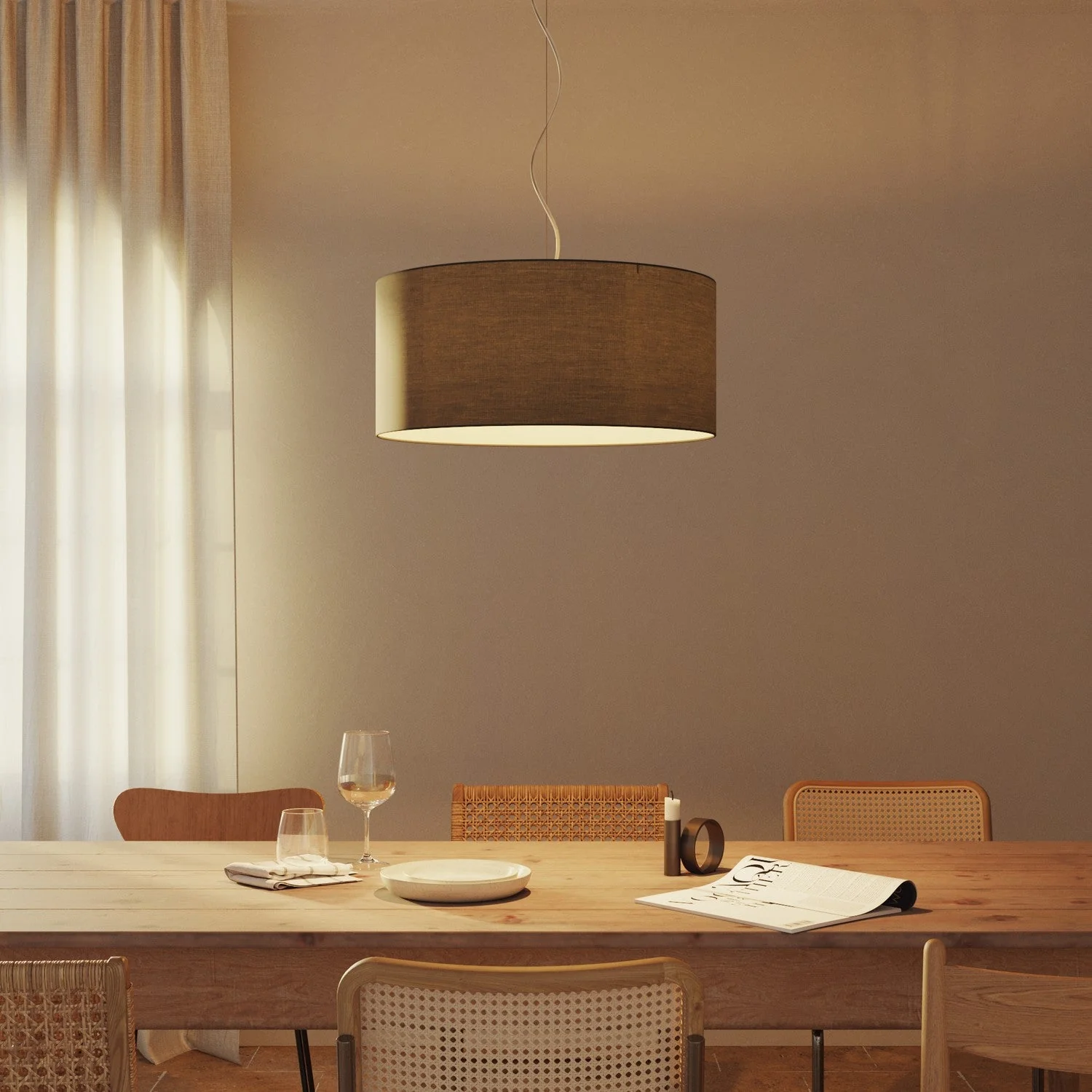 Pendant lamp with Cilindro Large fabric lampshade - Made in Italy - Teletta Dark Gray - Image 2