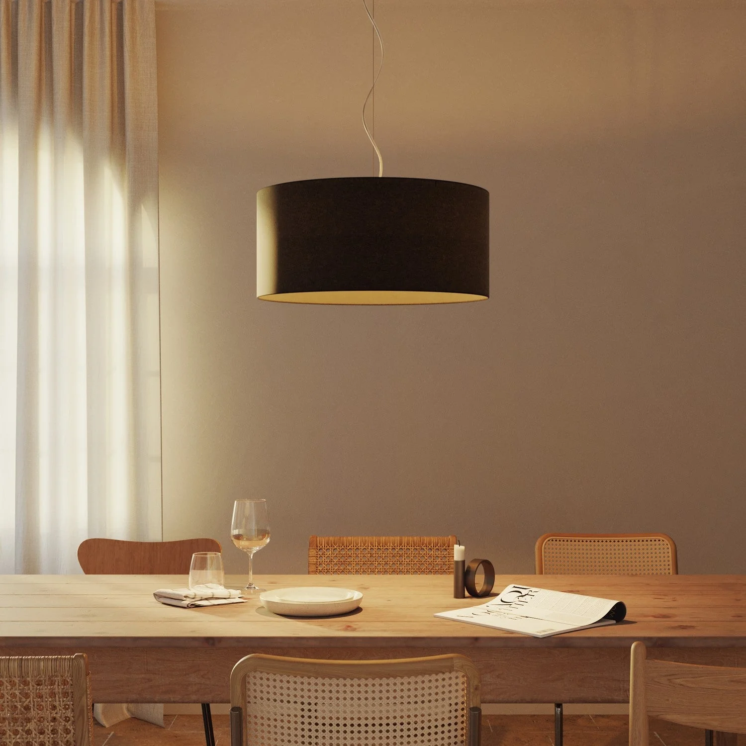 Pendant lamp with fabric Lampshade Cilindro Large - Made in Italy - Dark Gray Wool - Image 2