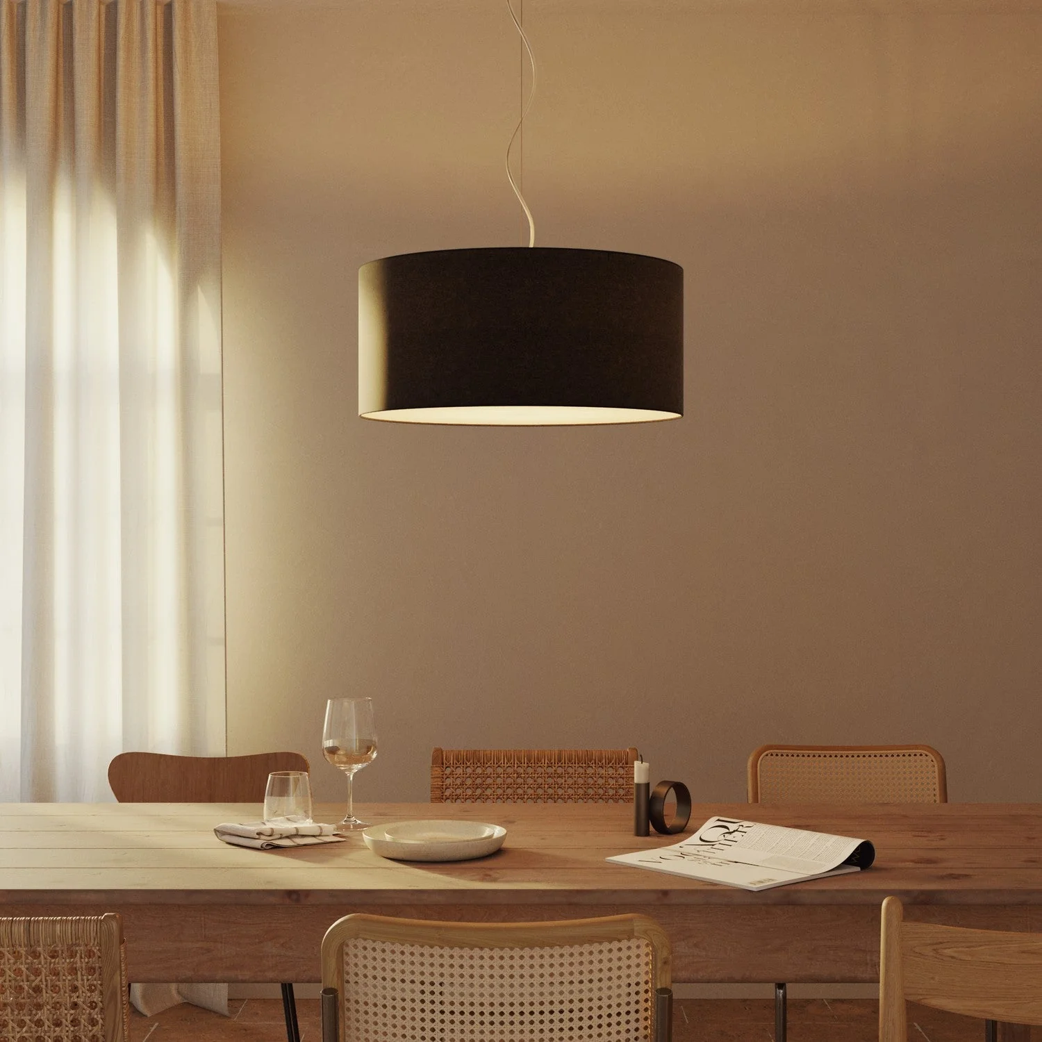 Pendant lamp with fabric Lampshade Cilindro Large - Made in Italy - Dark Gray Wool - Image 8