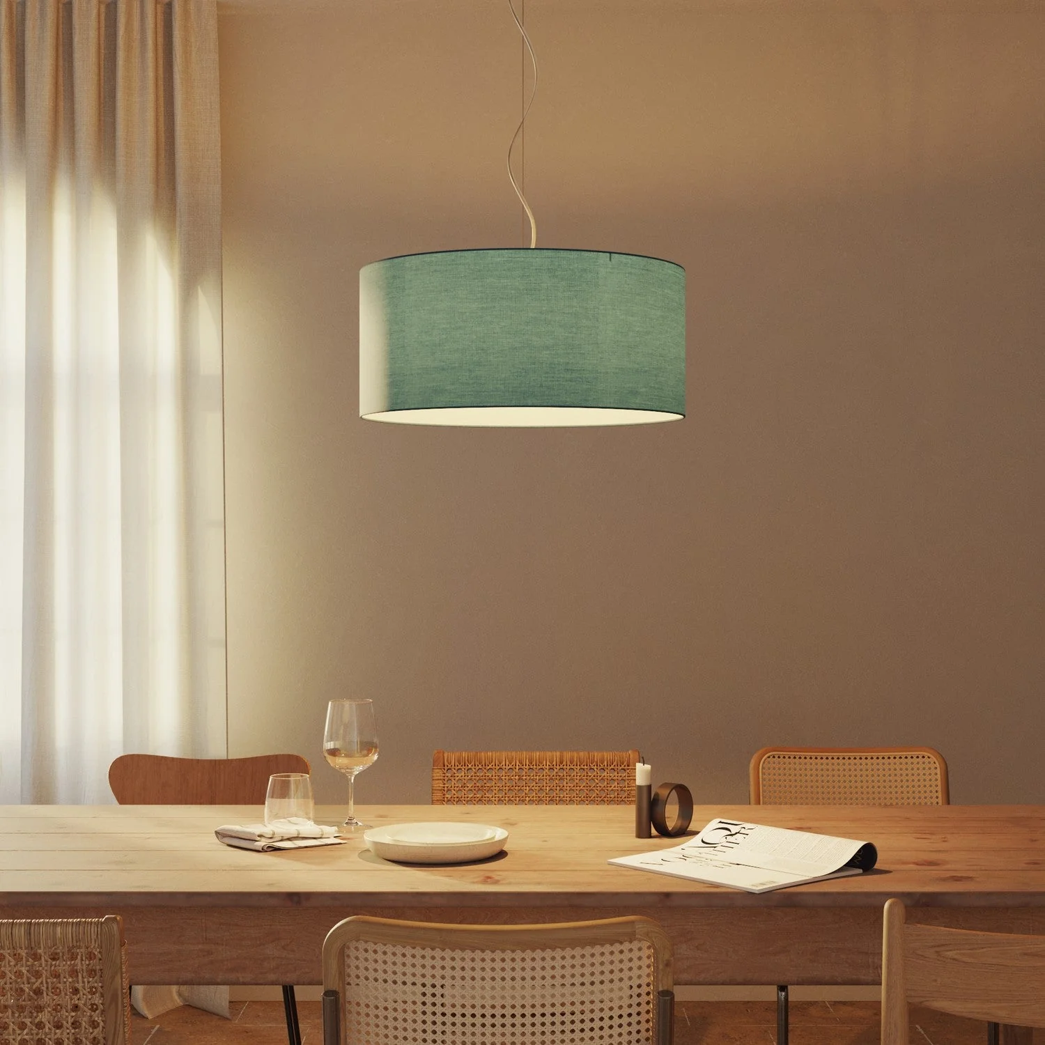 Pendant lamp with Cilindro Large fabric lampshade - Made in Italy - Verde Dubbio fabric - Image 2
