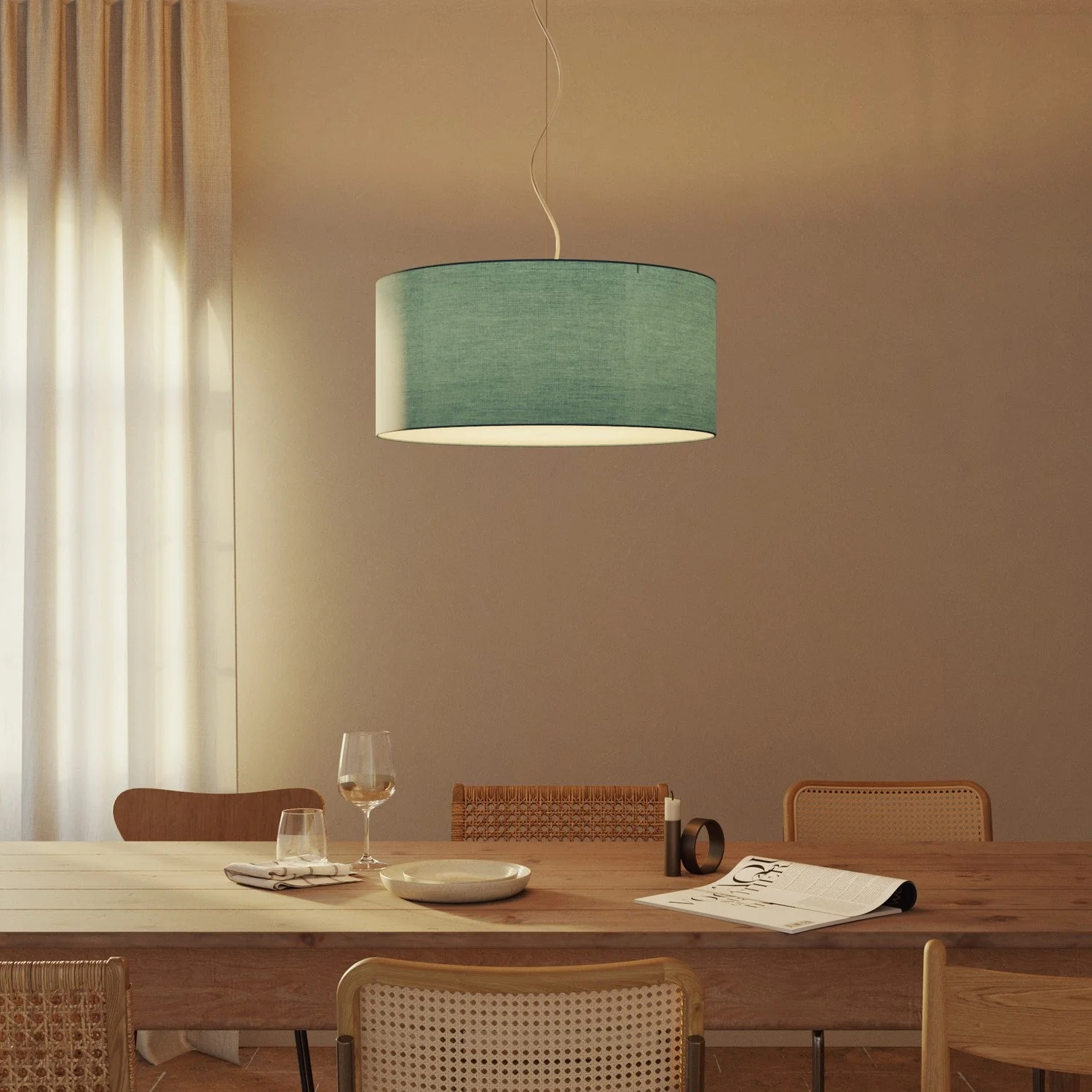 Pendant lamp with Cilindro Large fabric lampshade - Made in Italy - Verde Dubbio fabric - Image 8
