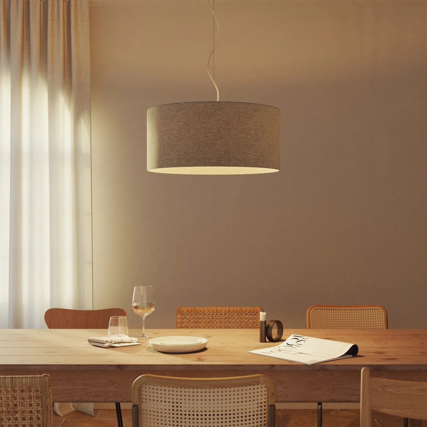 Suspension lamp with fabric lampshade Cylinder Large - Made in Italy - Light Gray Wool - Image 2