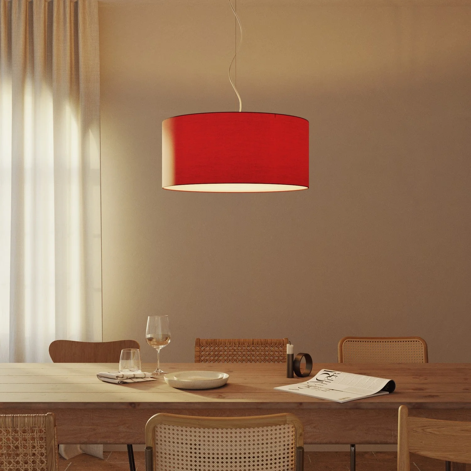 Pendant lamp with fabric Cylinder Lampshade Large - Made in Italy - Red Teletta - Image 8
