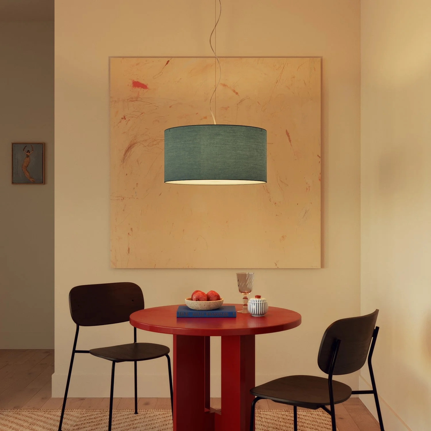 Pendant lamp with Cilindro Medium fabric lampshade - Made in Italy - Teletta Green Dubbio - Image 2
